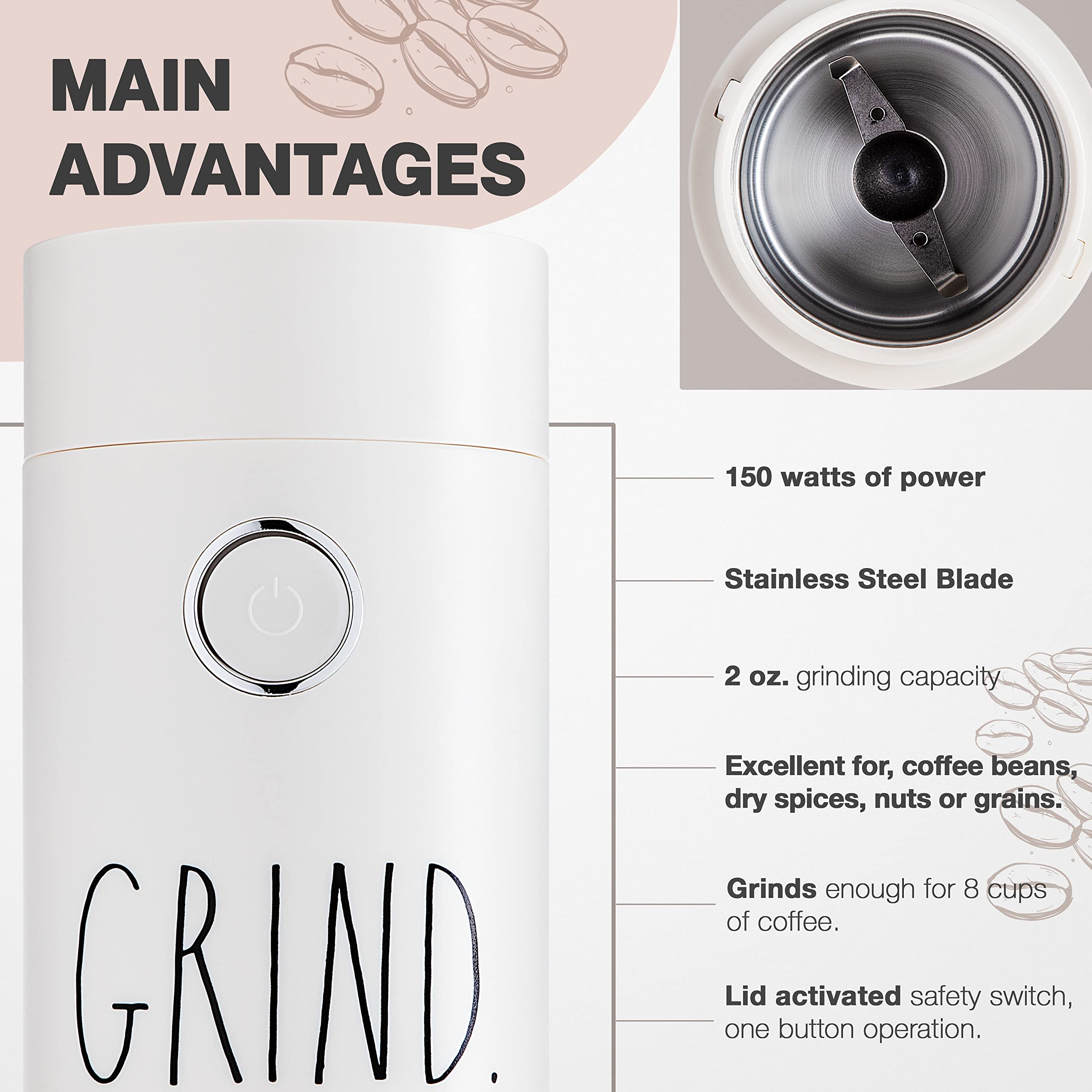 Rae Dunn Electric Coffee Grinder, Great Grinder for Coffee, French Press, Espresso, and Drip Coffee, Grinders for Spices, Seeds, Nuts, Grains, and Herbs - Like New