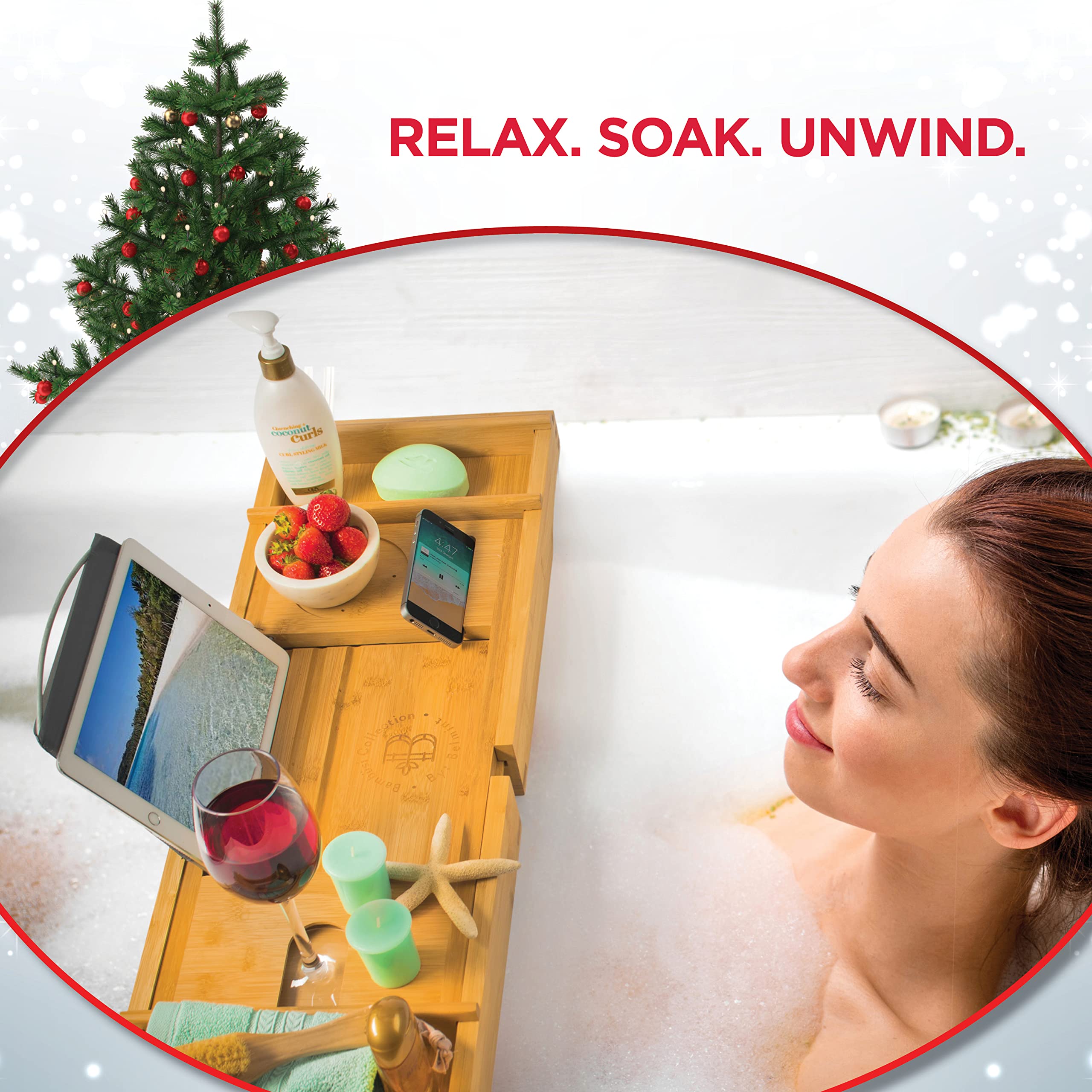 Luxury Bamboo Bathtub Tray Caddy - Expandable and Nonslip Bath Caddy with Book/Tablet and Wine Glass Holder - Gift for Him or Her - Like New