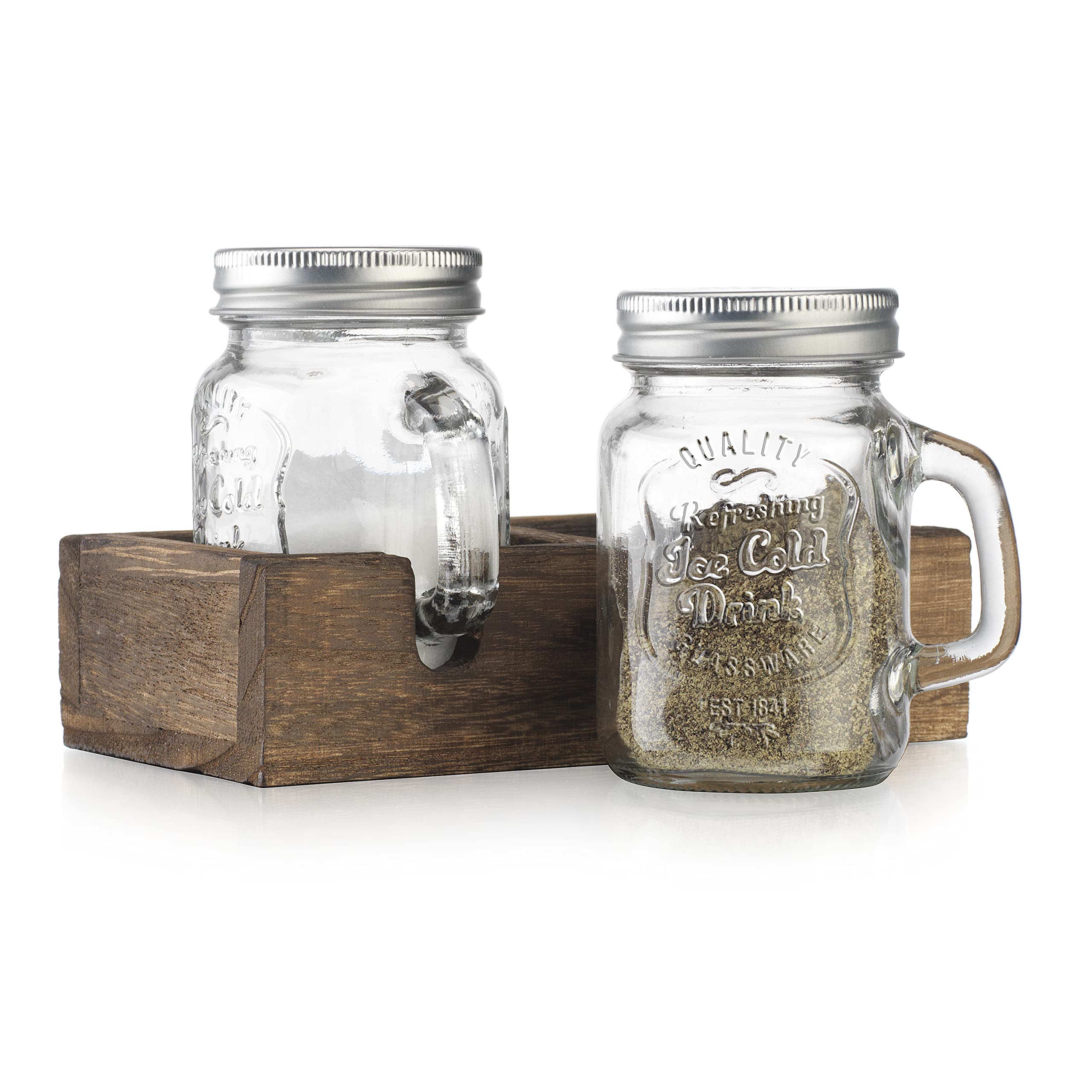 MosJos Mason Jar Salt and Pepper Shakers - Vintage Glass Condiment Dispenser Set with Wooden Holder Caddy - Farmhouse Kitchen Decor, Easy Refill 5-ounce Capacity with Stainless Steel Lids - Like New