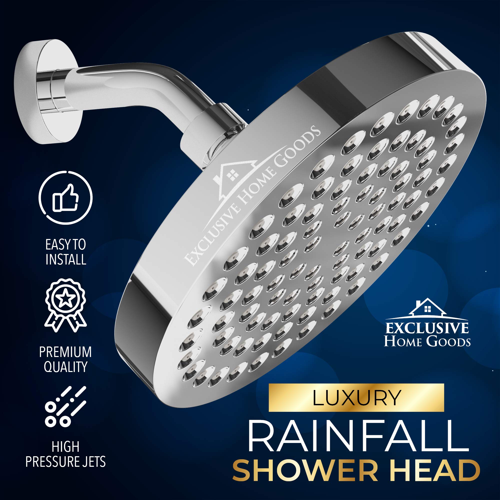 Heatsistence-Luxury Rainfall Shower Head - High-Pressure Showerhead Jets, Rain Shower Head Ant-Clog Silicone Nozzles (2.5 GPM, 6 Inch Diameter, Deluxe Chrome) - Like New