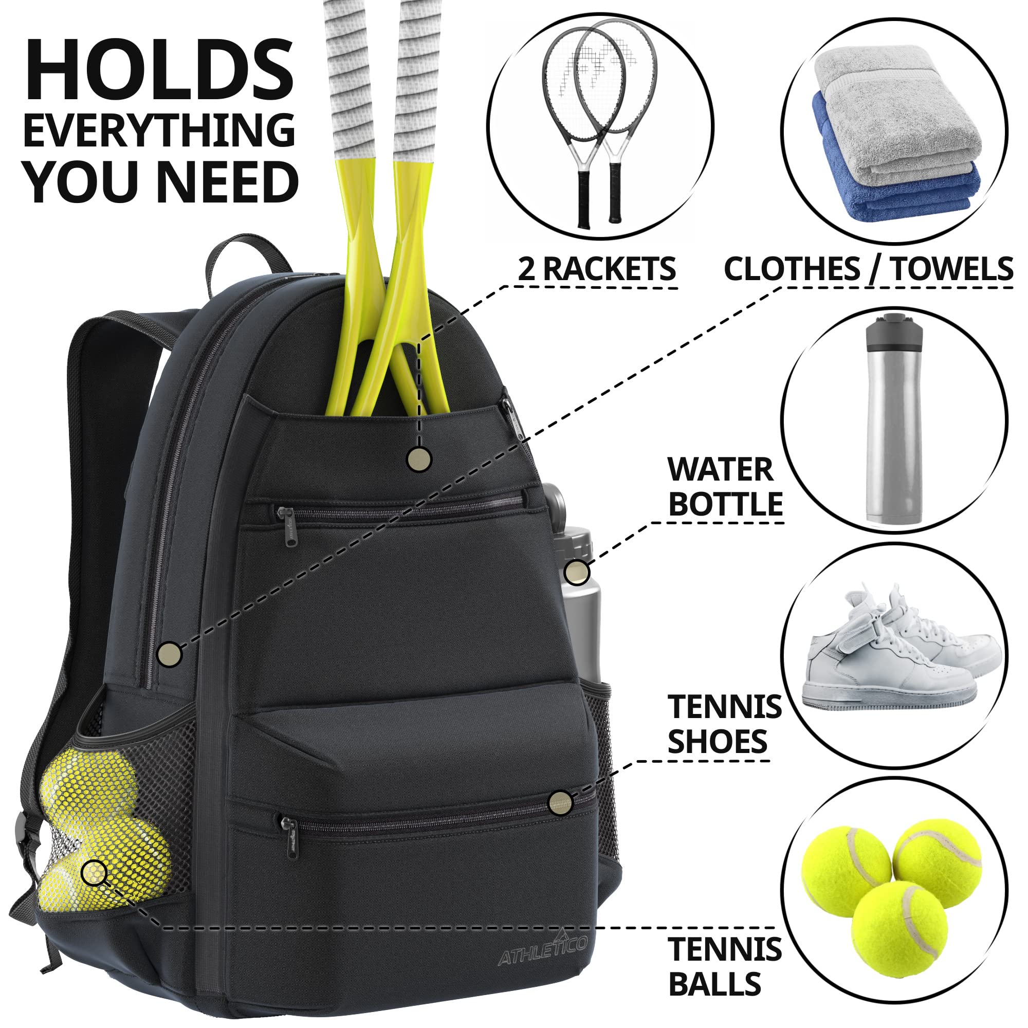 Athletico City Tennis Bag - Tennis Backpack for Men & Women Holds 2 Tennis Rackets and Shoes - Tennis Bags With Racquet Holder For Tennis, Pickleball, Squash & Badminton - Tennis Bags for Women  - Good