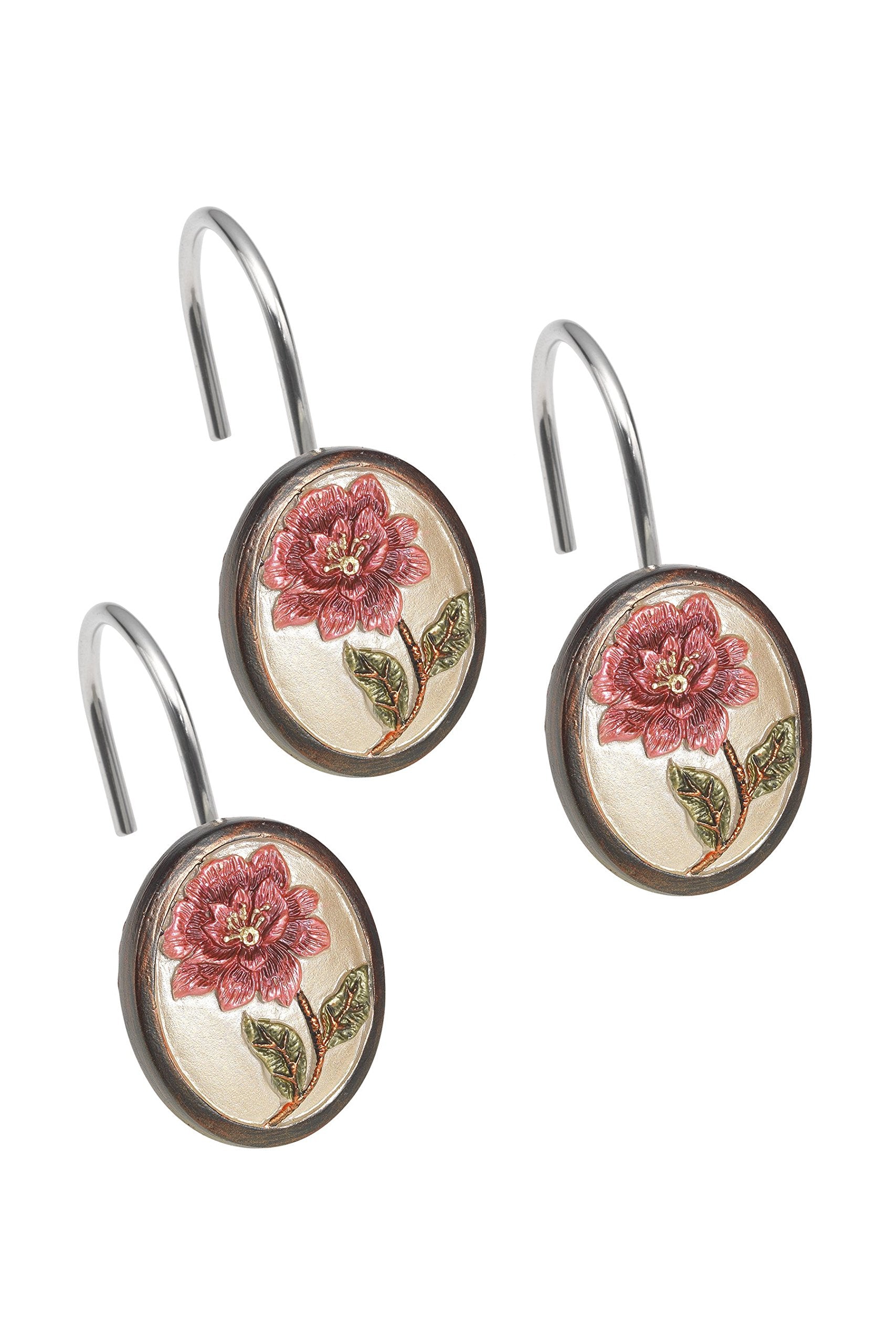 Popular Bath Shower Curtain Hooks, Larrisa Collection, Set of 12, Rose Design - Like New