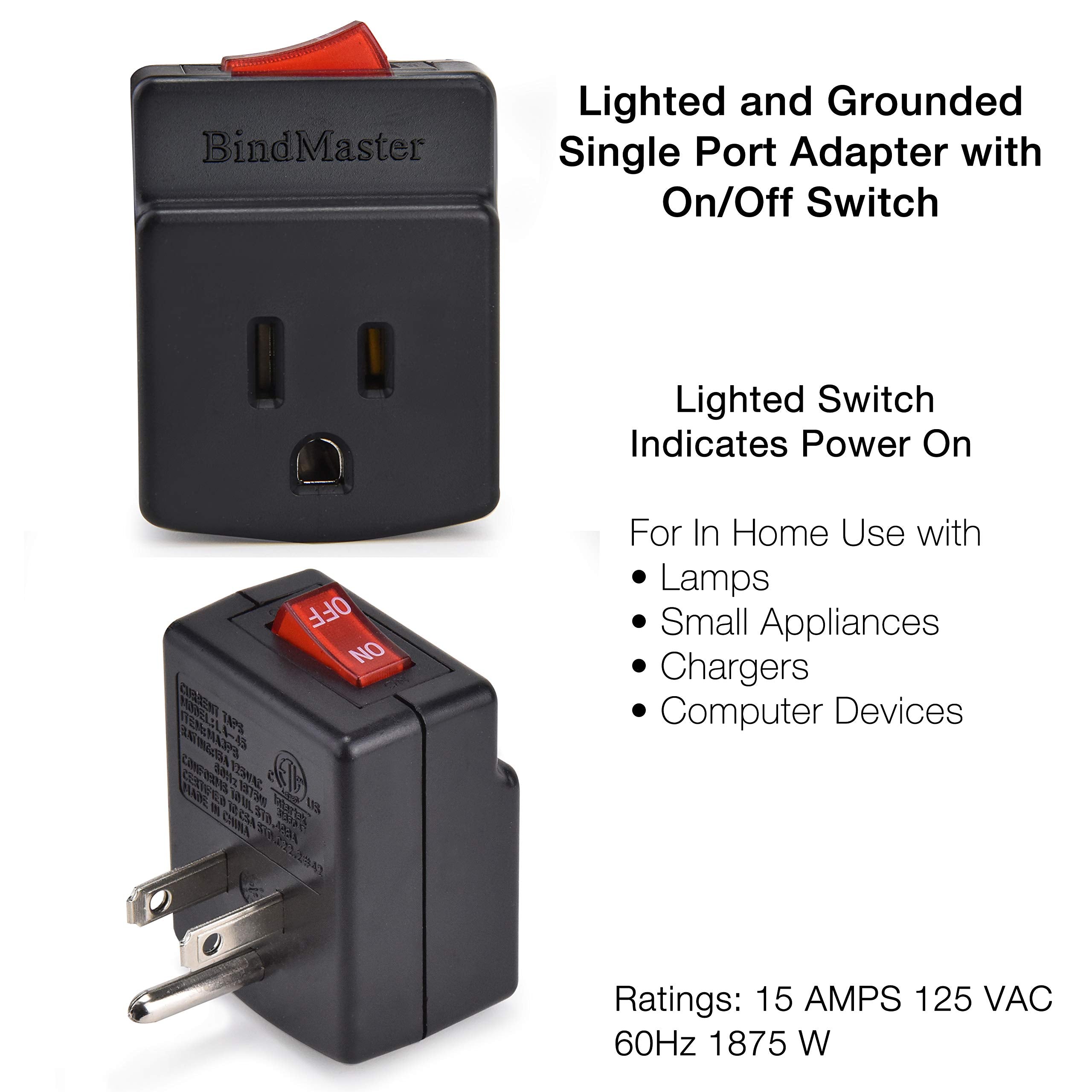 BindmMaster 3 Prong Grounded Single Port Power Adapter with Red Light Indicator On/Off Switch to be Energy Saving, Black (3 Pack)� - Like New