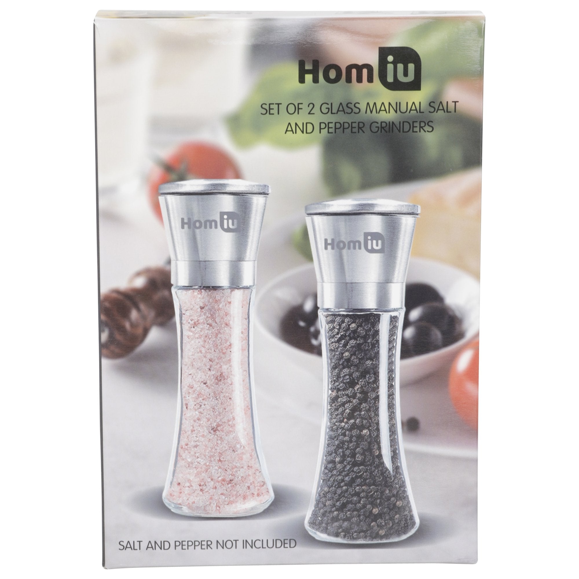 Homiu Salt and Pepper Grinder Mill Set of 2 Stainless Steel Adjustable Handheld Glass Bottle Large - Very Good