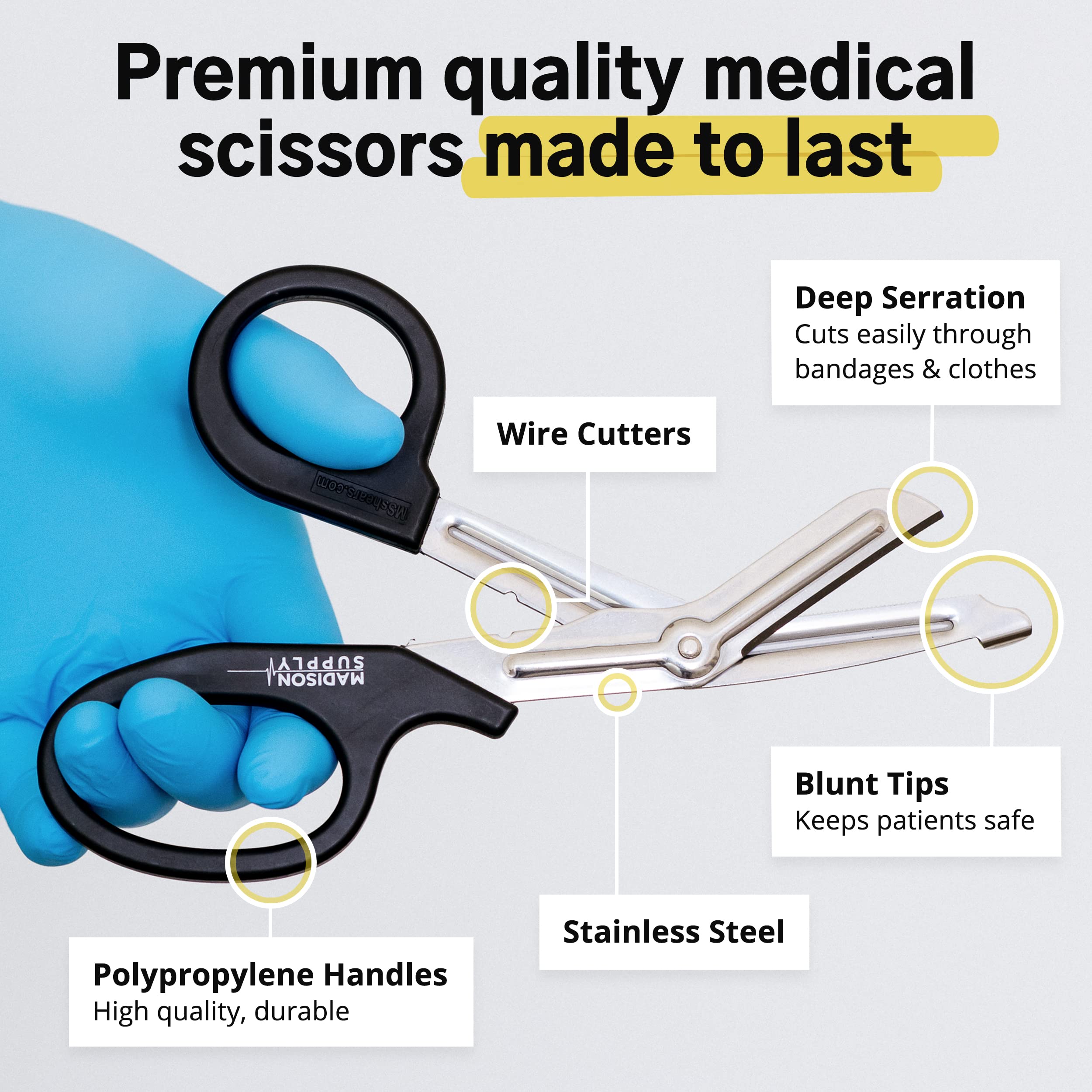 Madison Supply Medical Scissors, EMT and Trauma Shears - 7.5 Inch Premium Quality Stainless Steel Bandage Scissors - Fluoride-Coated with Non-Stick Blades - 1 Pack (Black/Stainless) - Like New