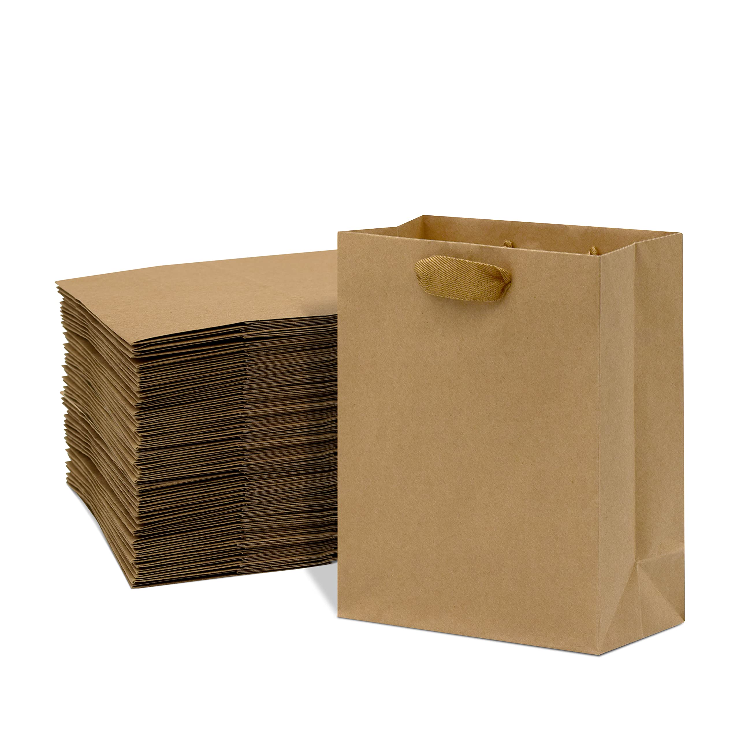 Kraft Gift Bags - 50 Pack 8x4x10 Designer Kraft Shopping Bags in Bulk, Small Gift Wrap Totes with Fabric Handles for Boutiques, Small Business, Retail Stores, Merchandise, Birthday Parties - Like New