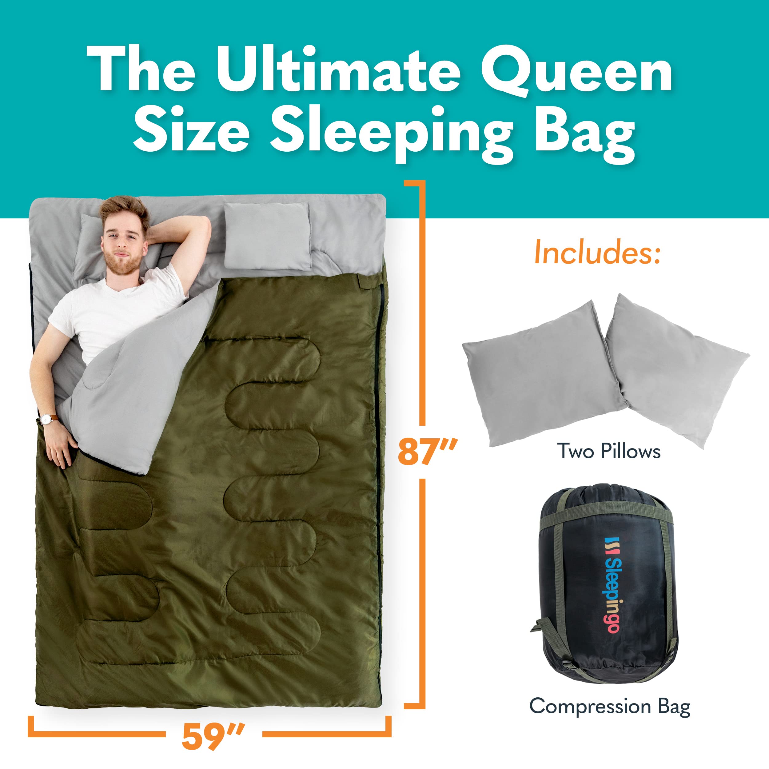 Sleepingo Double Sleeping Bags for Adults Backpacking, Camping, or Hiking - Waterproof Queen Sleeping Bags for Adults or Teens - Truck, Tent, Sleeping Pad - Good