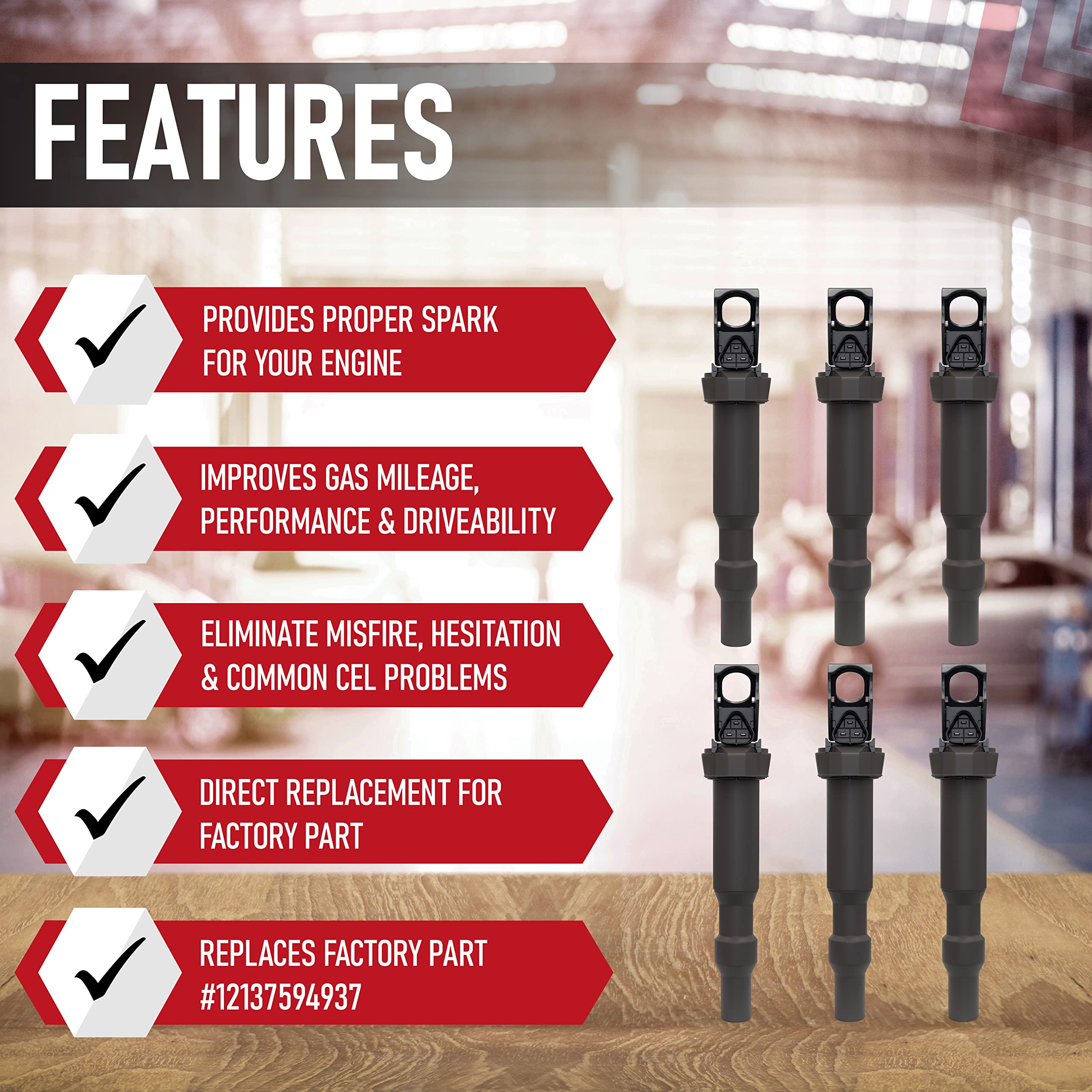 Ignition Coil Pack Set of 6 - Replacement for Bosch 0221504470, 12138616153, 12137594937, 12138657273, 12137562744 - Compatible with BMW 325i, 335i, 328i, 525i, 530i, 330i, 650i, X3, X5, M3 and more - Like New