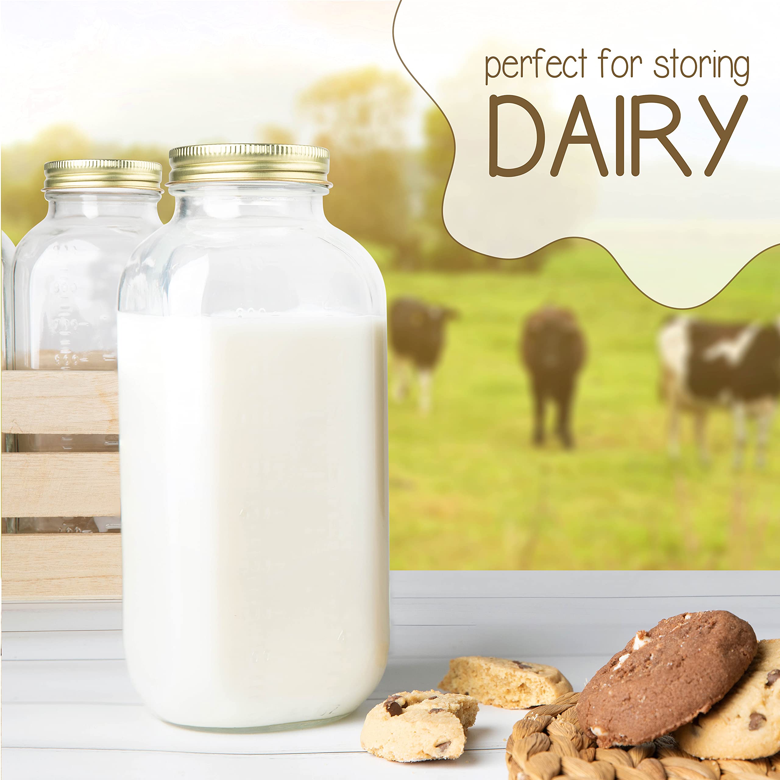 kitchentoolz 32oz Square Glass Milk Bottle with Metal Airtight Lids -1 Quart Milk Jars with Lids for Fridge - Reusable Milk Jugs, Yogurt, Smoothies, Kefir, Kombucha, Water - Like New