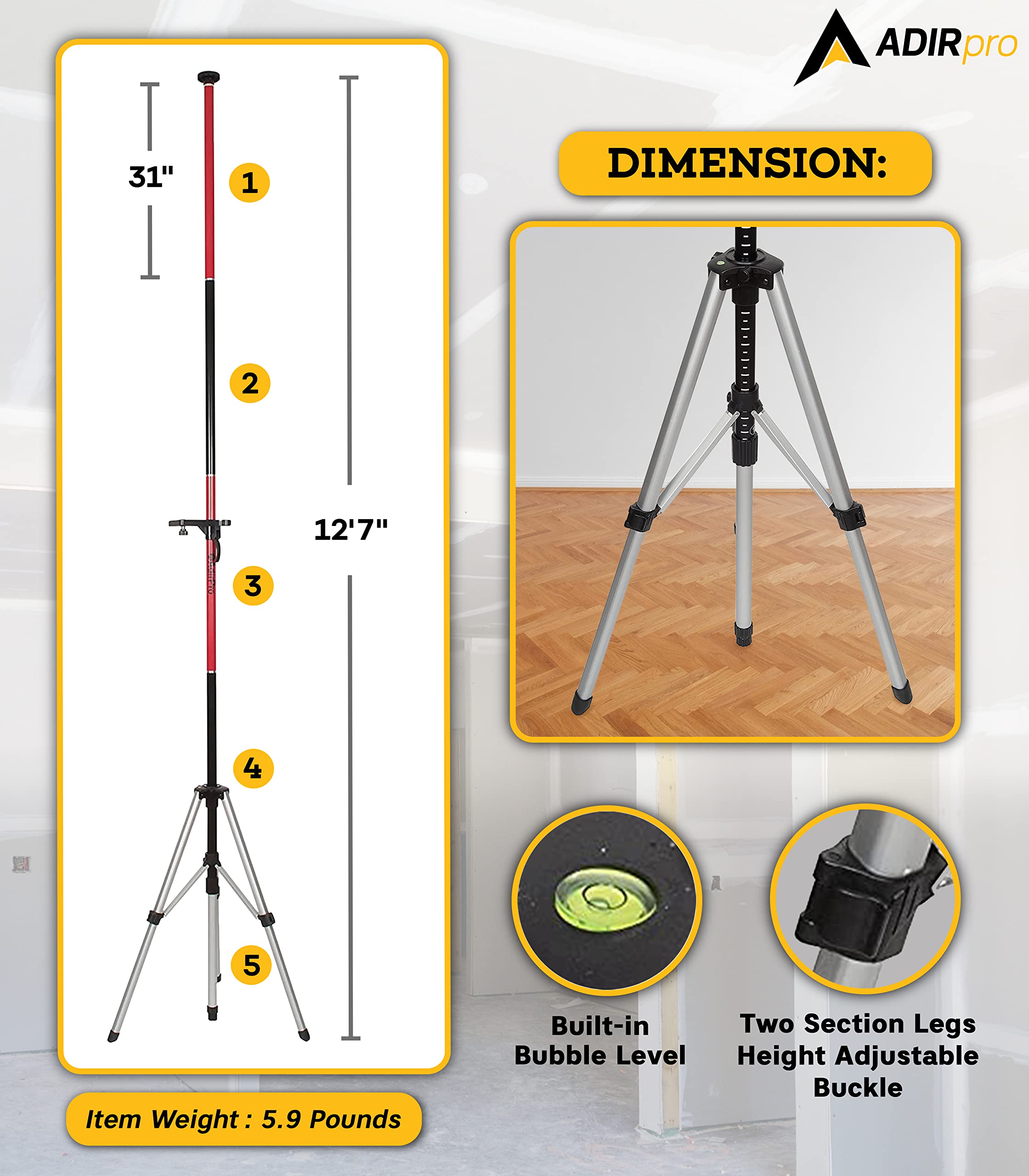 AdirPro Laser Level Pole with Tripod and Mount for Laser Levels, Rotary Lasers & Line Lasers � Telescoping Laser Pole, Mounting Bracket with 1/4�-20 & 5/8-11 Threads, and Adjustable Tripod Stand - Like New