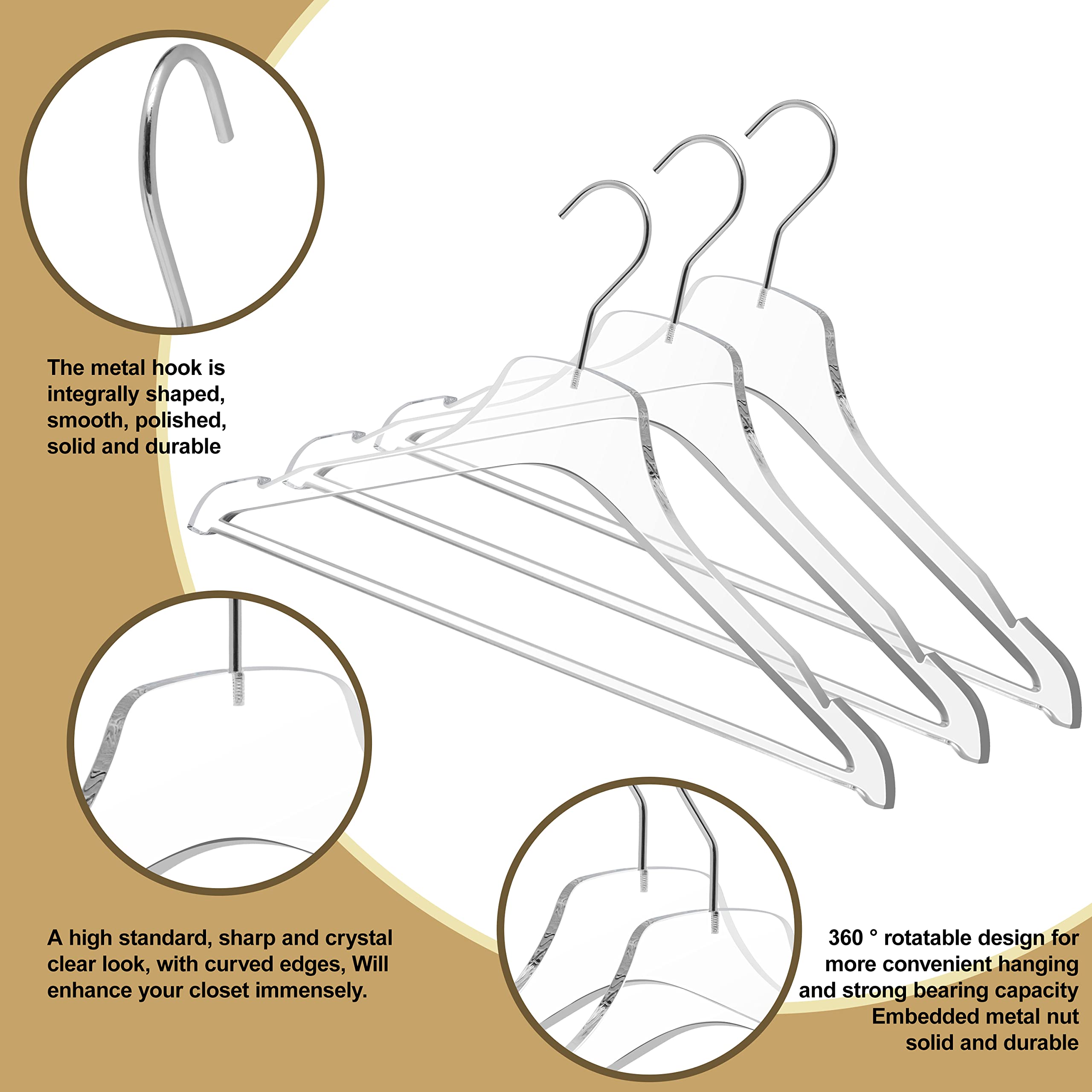 Quality Acrylic Clear Lucite Hangers 5-Pack with Gold Hanging Hooks for Clothes, Pants, Suit Jackets, Coats, and Shirts, Closet and Wardrobe Organization