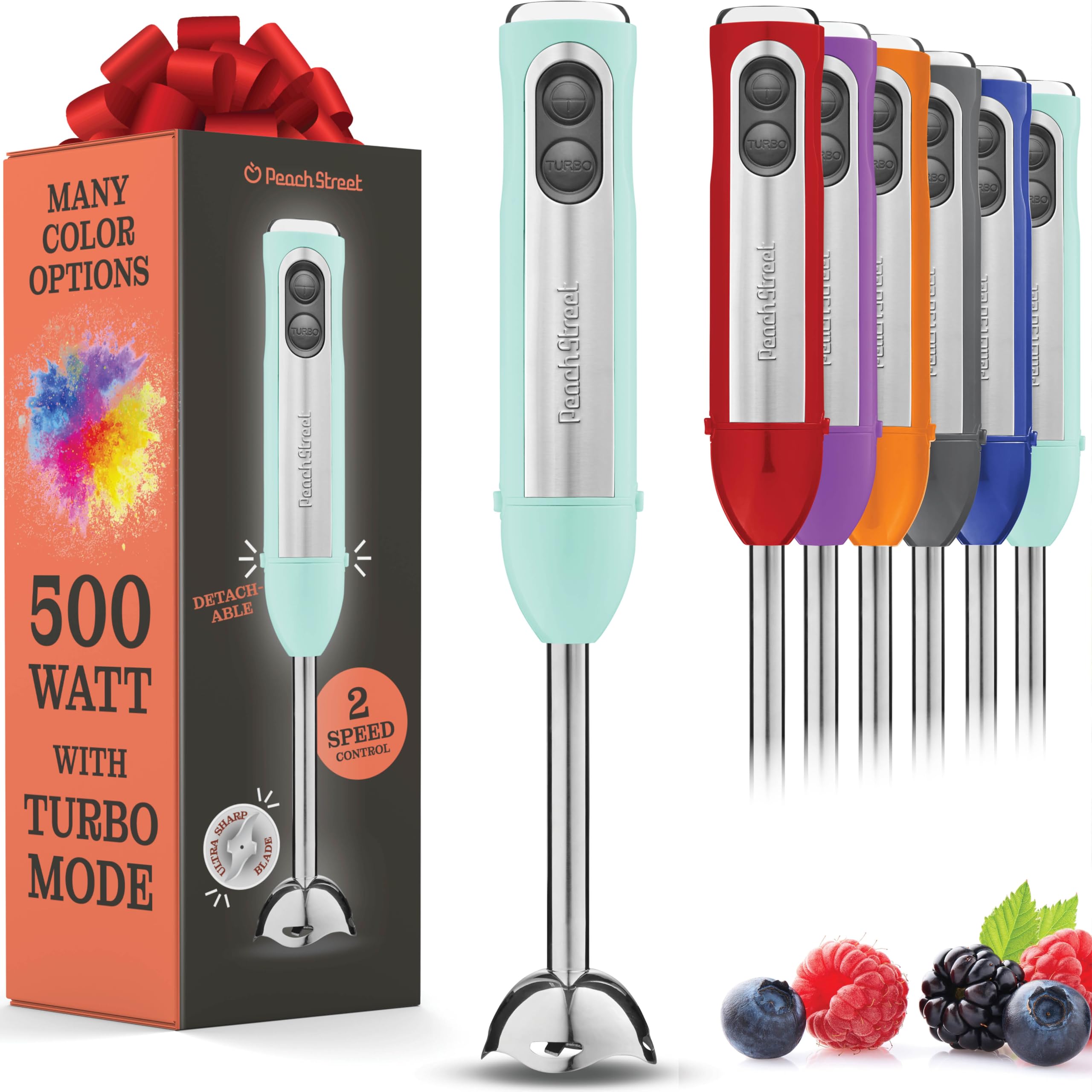 Powerful Immersion Blender, Electric Hand Blender 500 Watt with Turbo Mode, Detachable Base. Handheld Kitchen Blender Stick for Soup, Smoothie, Puree, Baby Food, 304 Stainless Steel Blades - Like New