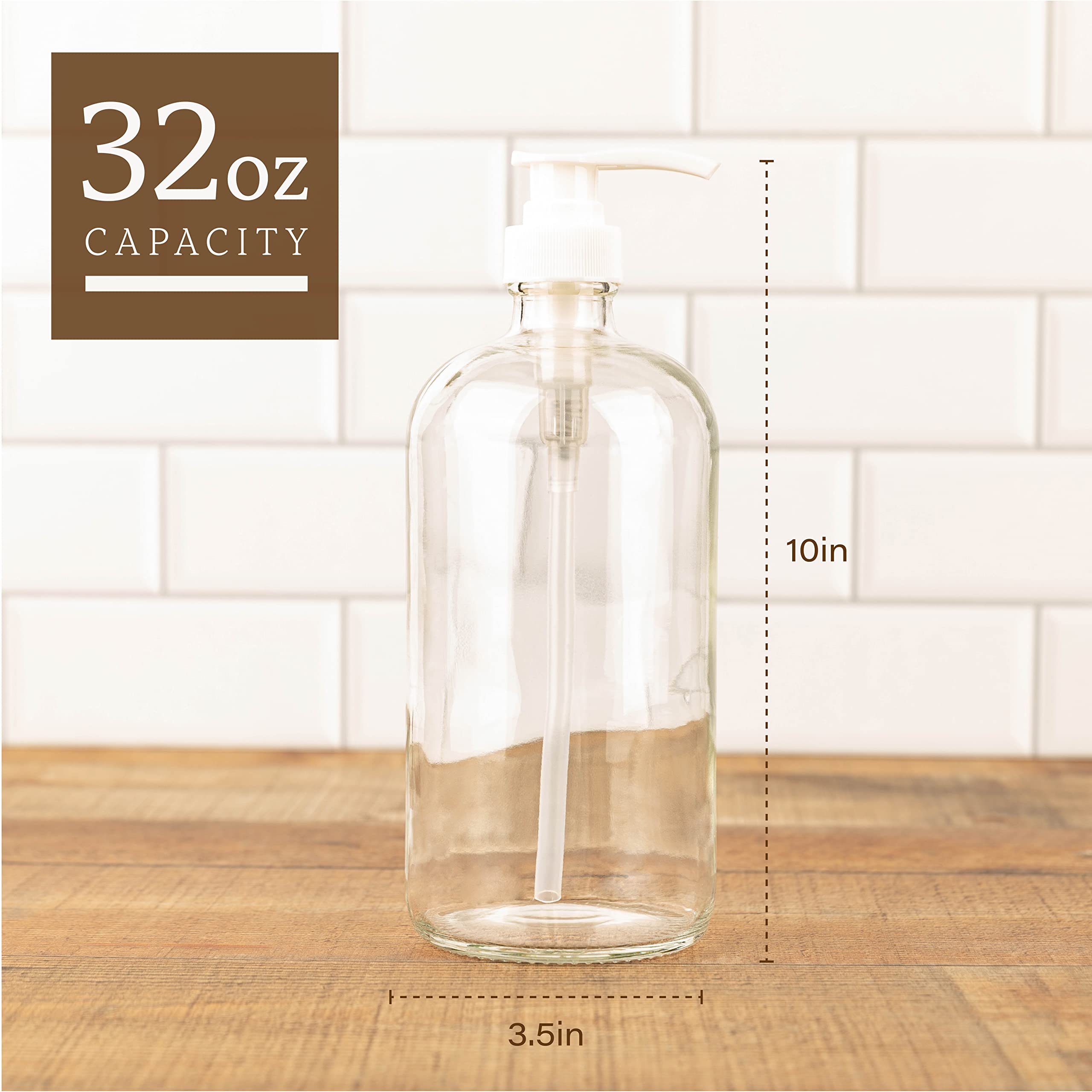kitchentoolz 32-Ounce Large Clear Glass Boston Round Bottles w/Pumps. Great for Lotions, Soaps, Oils, Sauces - Food Safe and Medical Grade (Pack of 2) - Like New