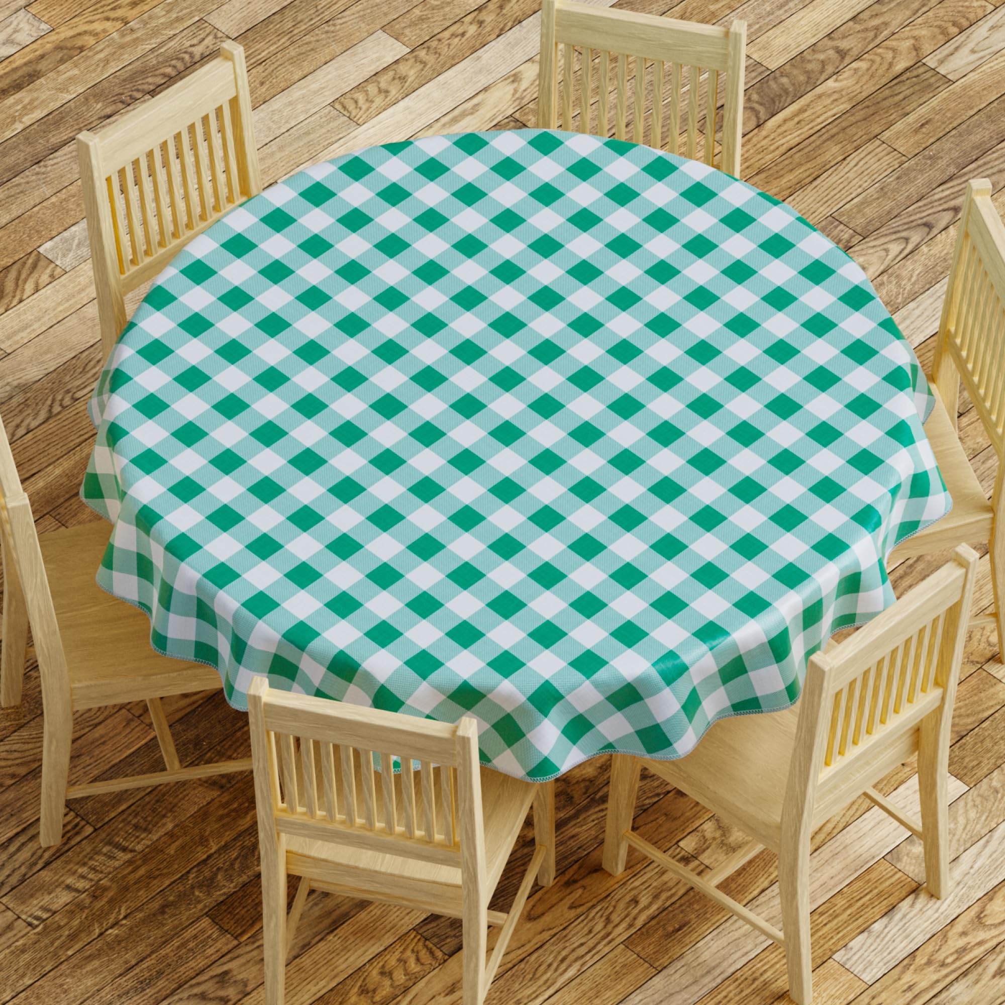 Sorfey Tablecloth - Vinyl with Flannel Back, 70" Round, Water Proof, Easy to Clean, Checked Green Design - Like New