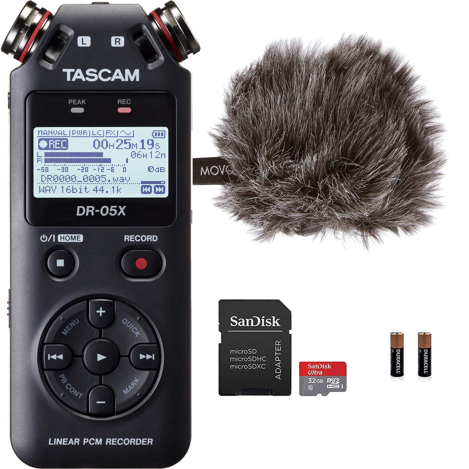 Tascam DR-05X Stereo Handheld Digital Audio Recorder & USB Interface Bundle with Movo"Deadcat" Windscreen and 32GB Micro SD Card (Latest Version) - Like New