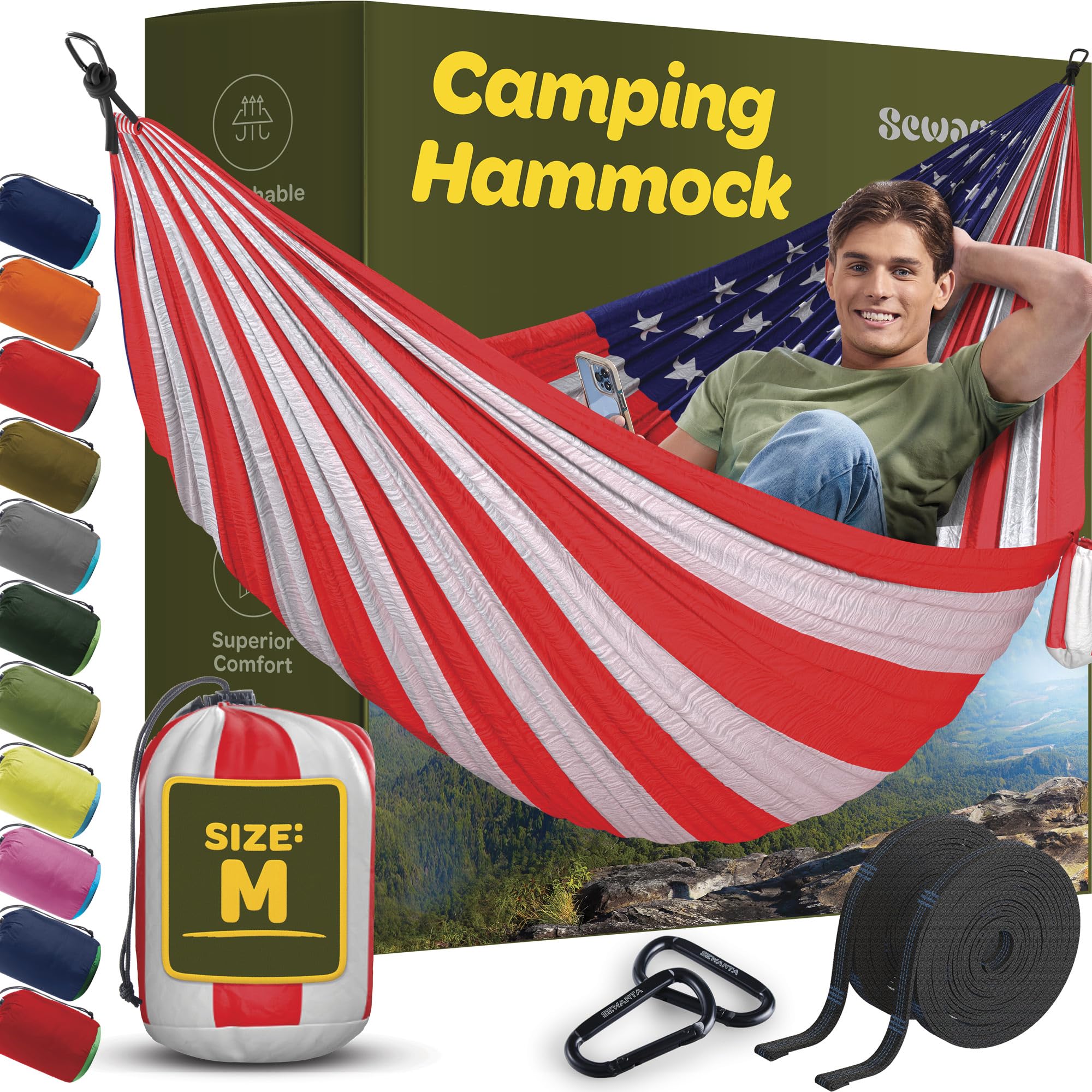 Durable Hammock 500 lb Capacity - Lightweight Nylon Camping Hammock Chair - Double or Single Sizes w/Tree Straps and Attached Carry Bag - Portable for Travel/Backpacking - Good