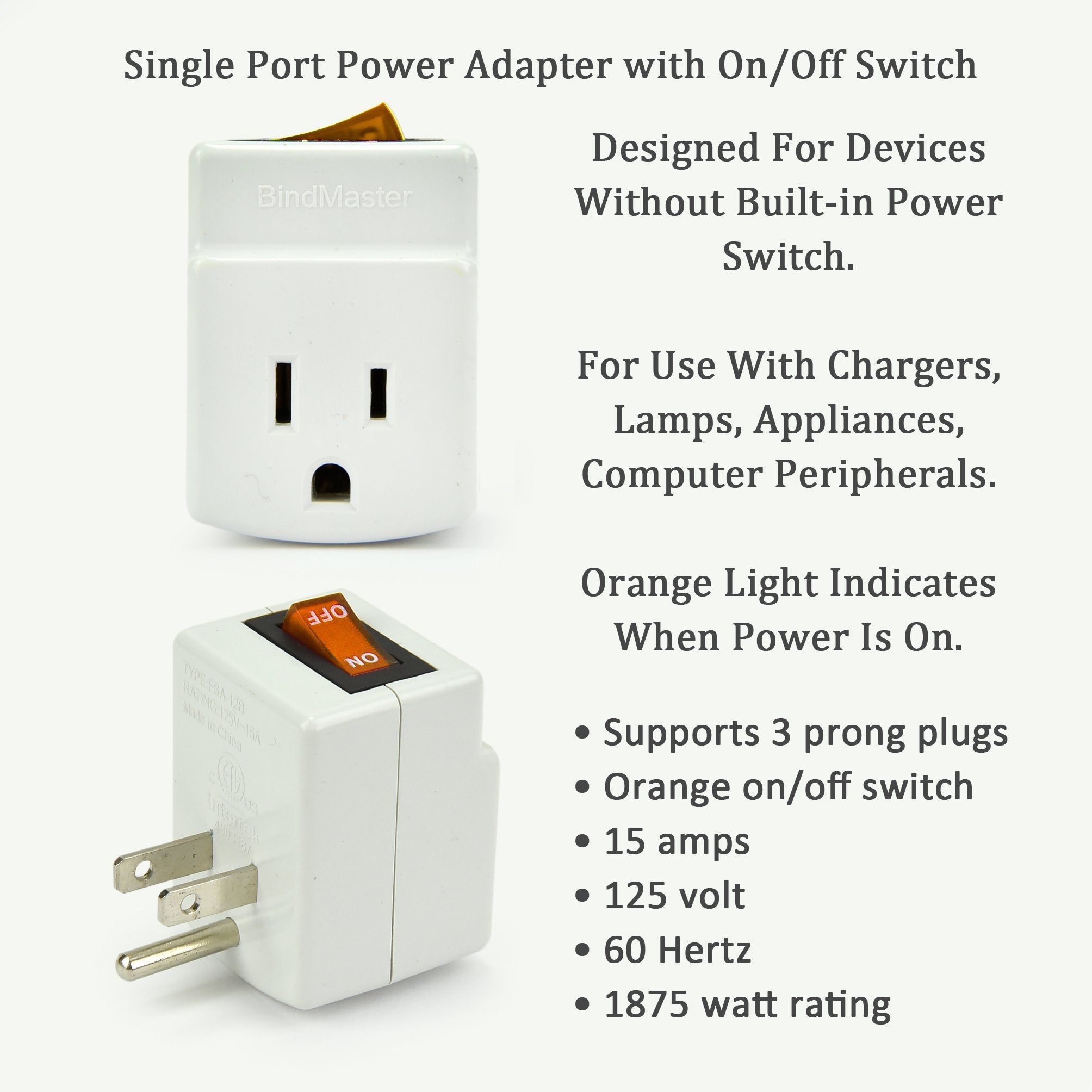 New! 3 Prong Grounded Single Port Power Adapter for Outlet with Orange Indicator On/Off Switch to be Energy Saving - Like New