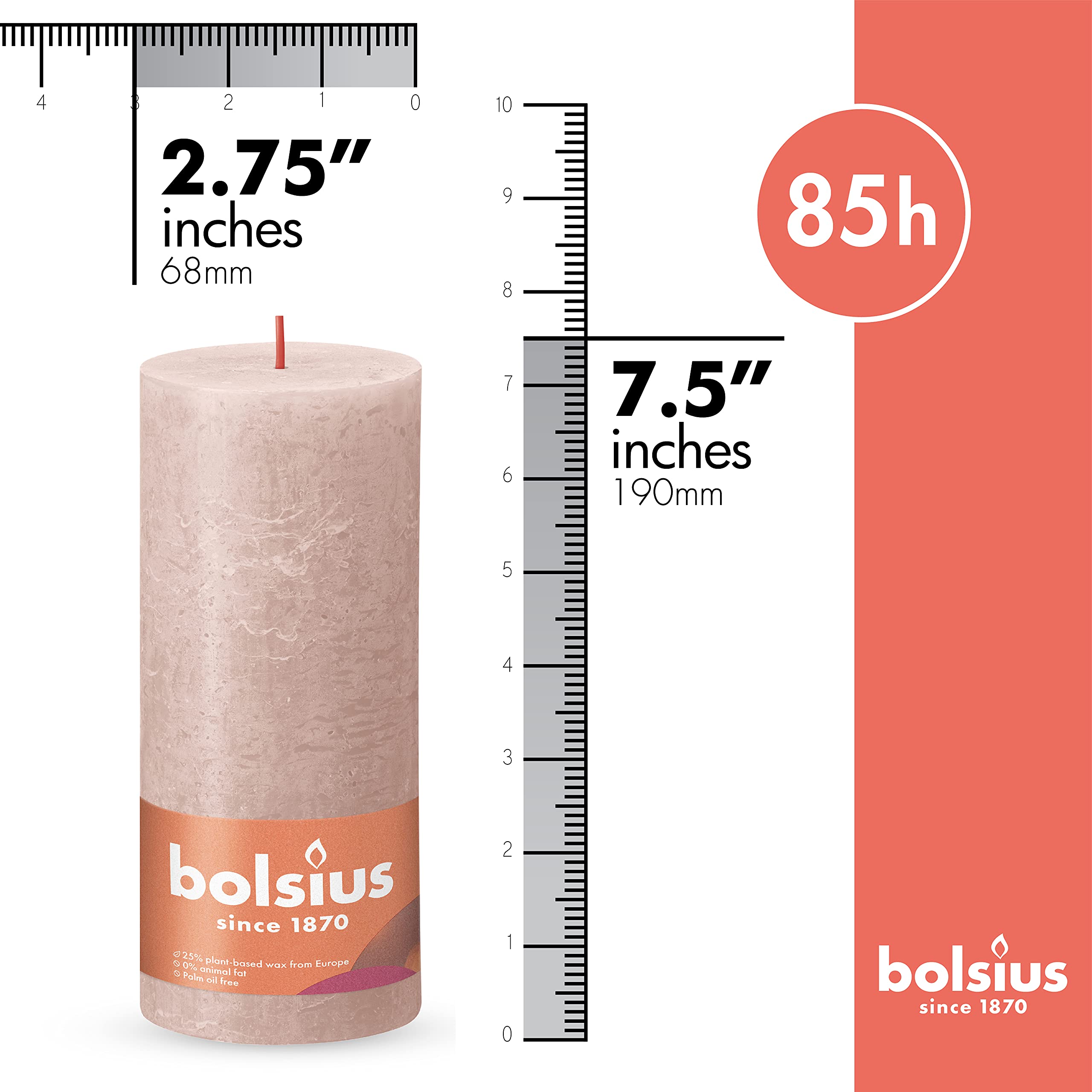BOLSIUS 4 Pack Misty Pink Rustic Pillar Candles - 2.75 X 7.5 Inches - Premium European Quality - Includes Natural Plant-Based Wax - Unscented Dripless Smokeless 85 Hour Party and Wedding Candles - Very Good