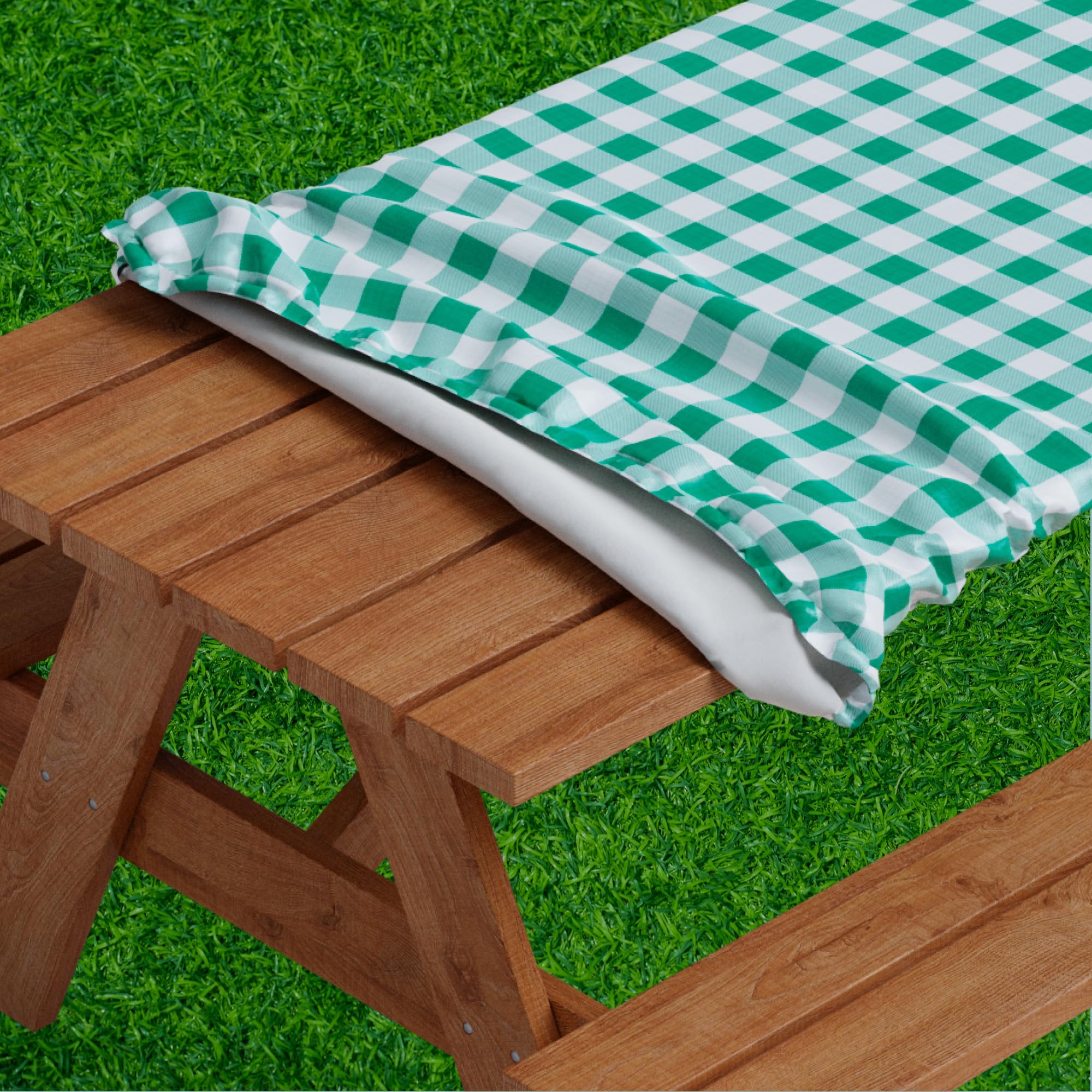 Sorfey Picnic Tablecover -Fitted with Elastic, Vinyl with Flannel Back, Fits for Table 48"x 24" Rectangle,Water Proof, Easy to Clean, Checked Green Design - Like New