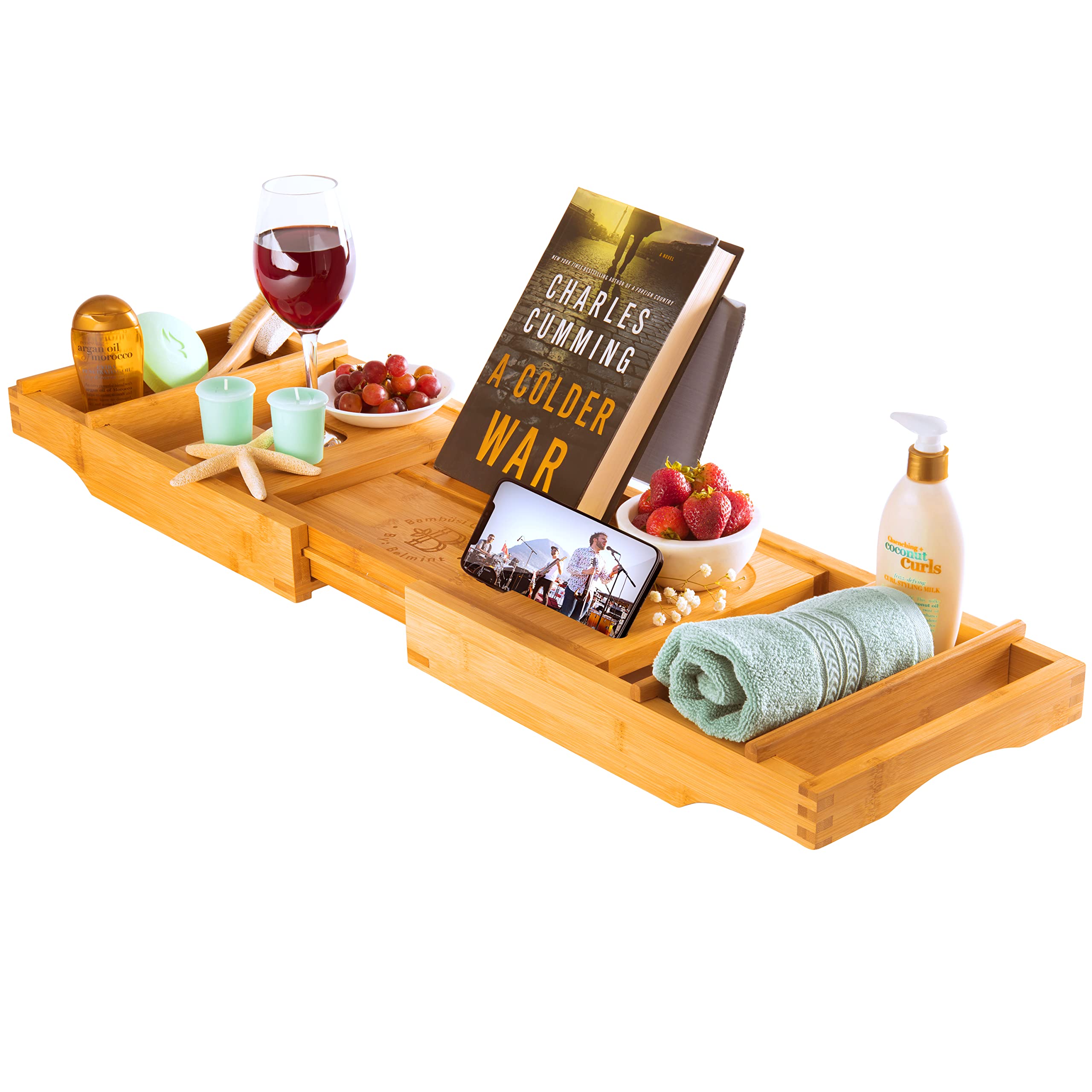 Luxury Bamboo Bathtub Tray Caddy - Expandable and Nonslip Bath Caddy with Book/Tablet and Wine Glass Holder - Gift for Him or Her - Like New