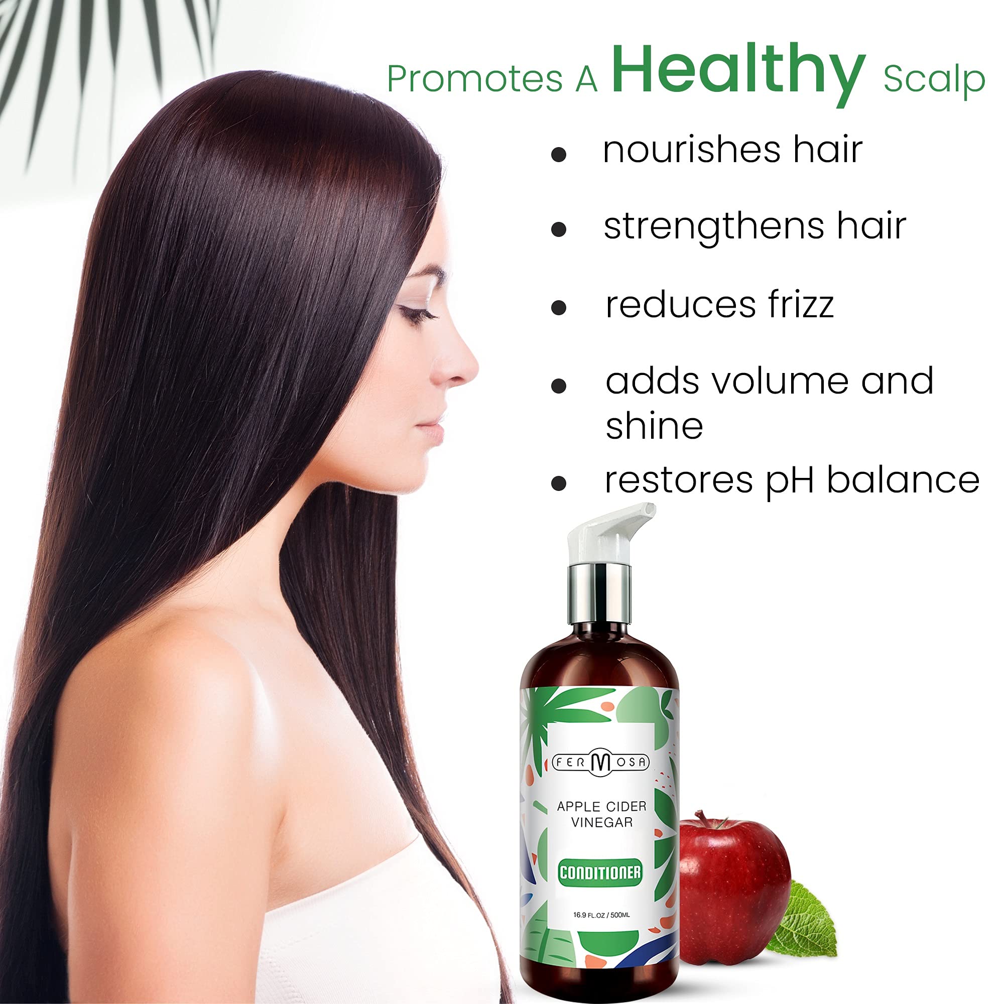 Fermosa Apple Cider Vinegar Conditioner - Moisturizing & Soothing Scalp Treatment, Anti Dandruff, Reduces Itchiness & Frizz, Adds Shine & Volume, Sulfate Free, 16.9oz/500ml