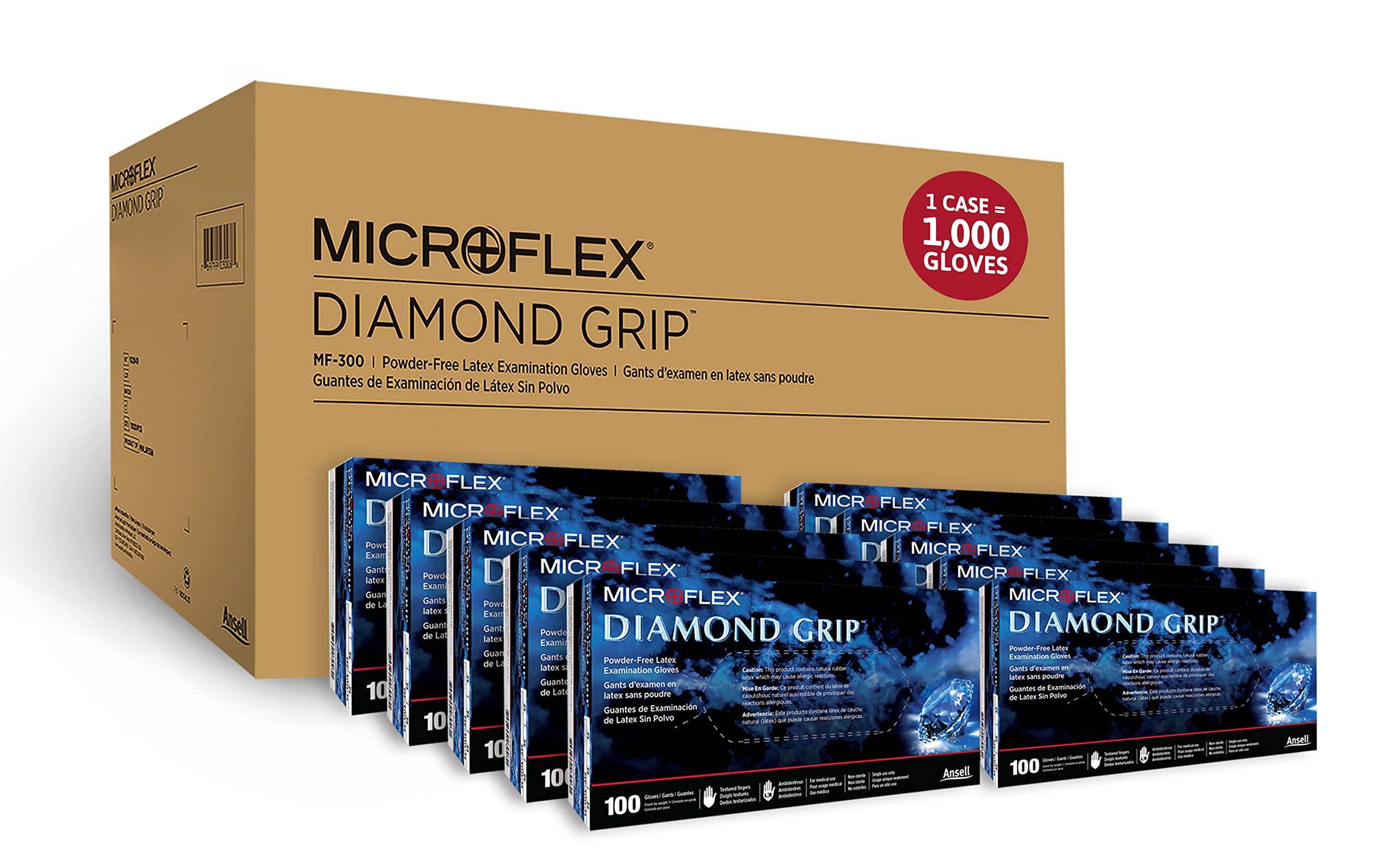 Microflex Diamond Grip MF-300 Disposable Gloves in Latex Multi-Purpose, Powder Free Glove in Natural Rubber for Exam