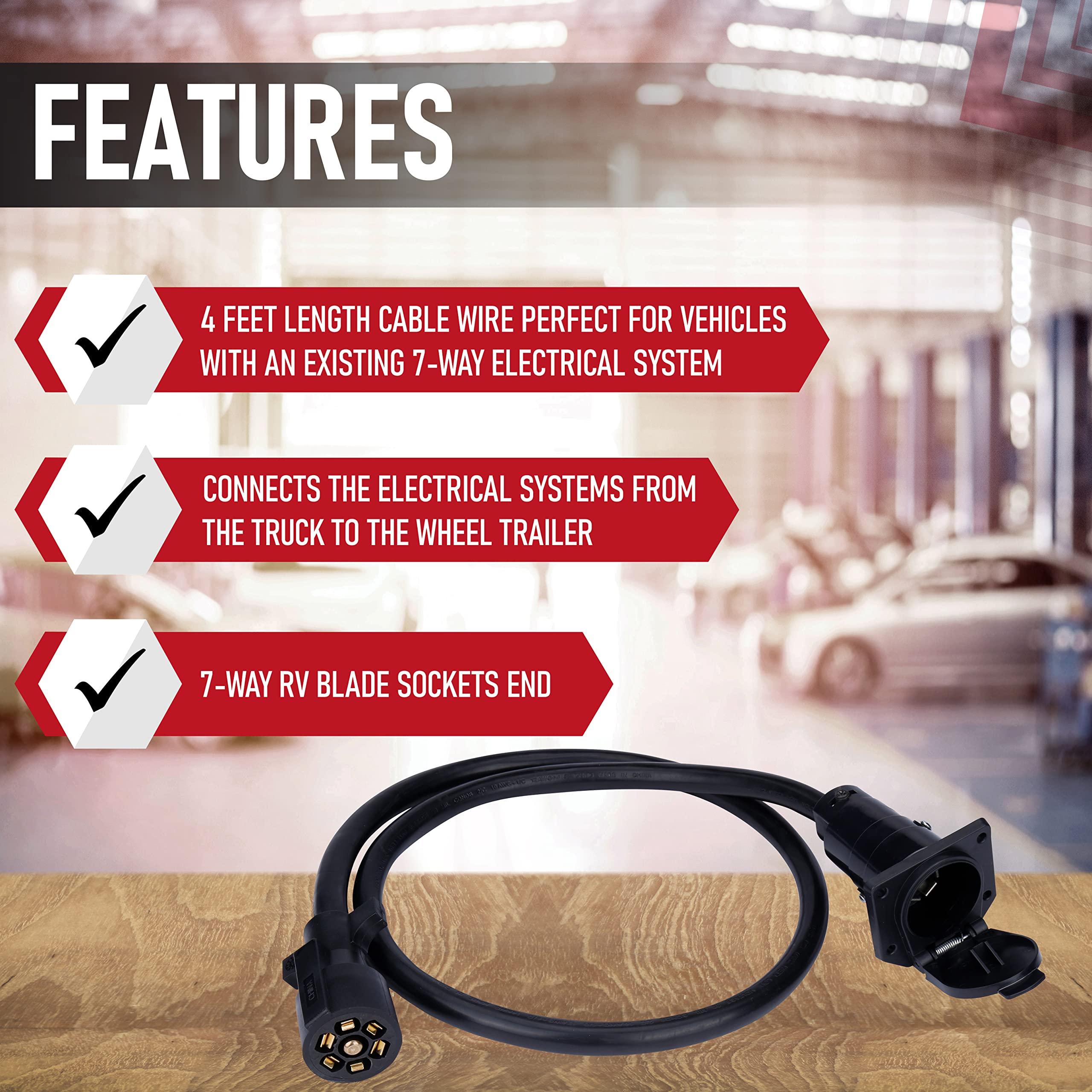 7 Way Trailer Extension Cord - 4 feet - Double Prongs Connector - Weatherproof - 7 Pin Wiring Connector Plug - Gooseneck Hitch Extender or 5th Wheel Trailer, RV, Caravan, Truck, Van - 10-14 AWG - Like New