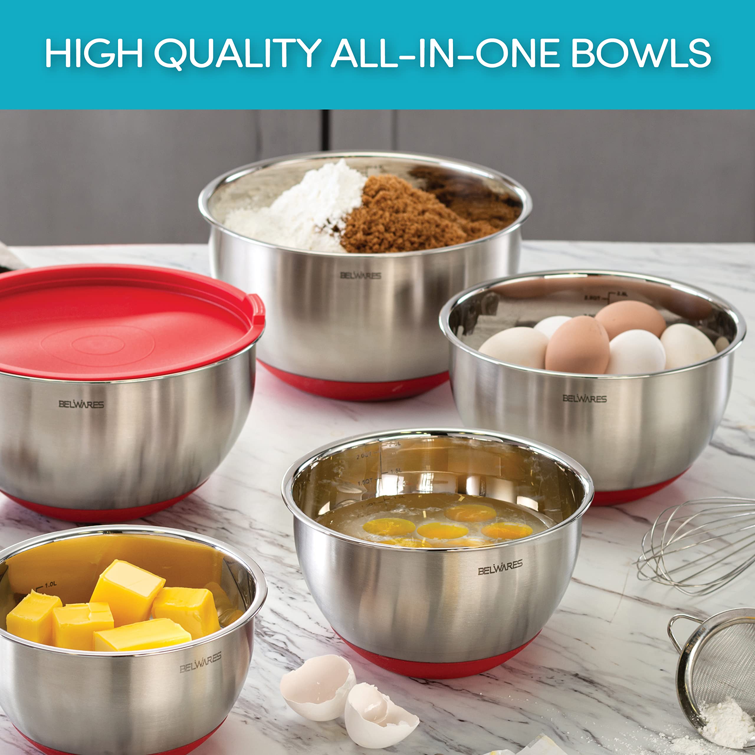 Belwares Mixing Bowls with Lids Set - Nesting Bowls with Airtight Lids + Graters - Stainless Steel Non-Slip Mixing Bowl for Baking, Food Storage and Prepping (Red, 5-Piece Set) - Like New