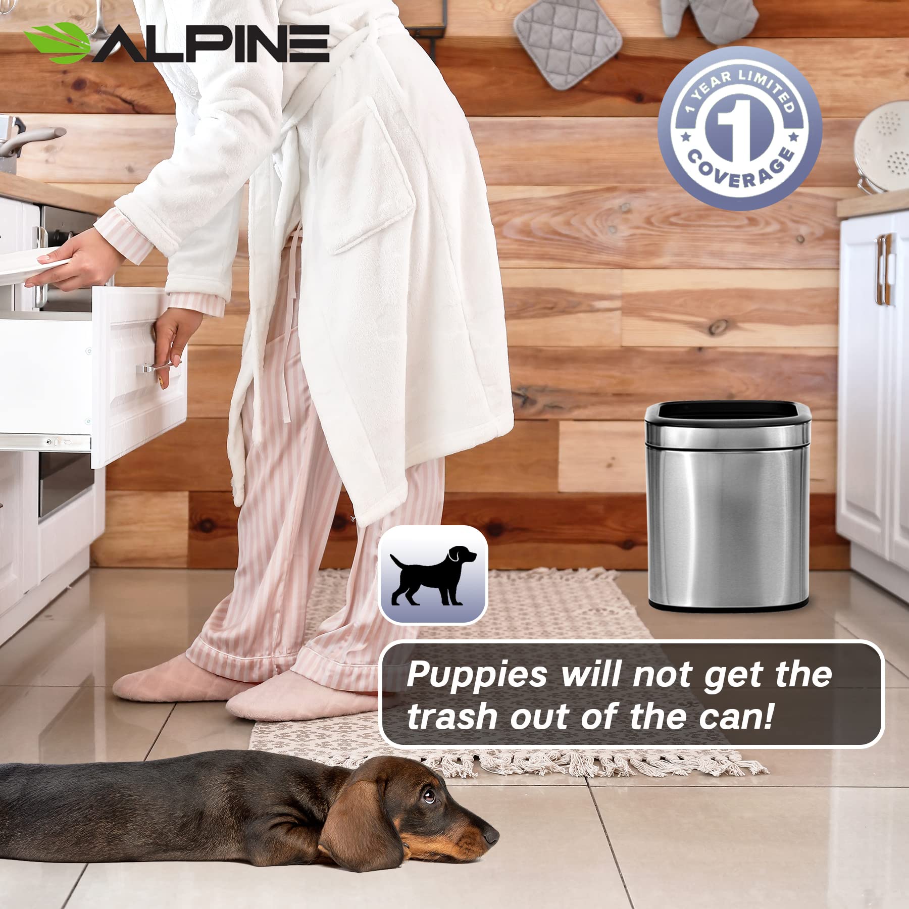 Alpine Industries 6 L / 1.6 Gal Stainless Steel Slim Open Trash Can - Compact Garbage Bin - Wide Access Top Slender Durable Receptacle with Sturdy Plastic Liner - Like New
