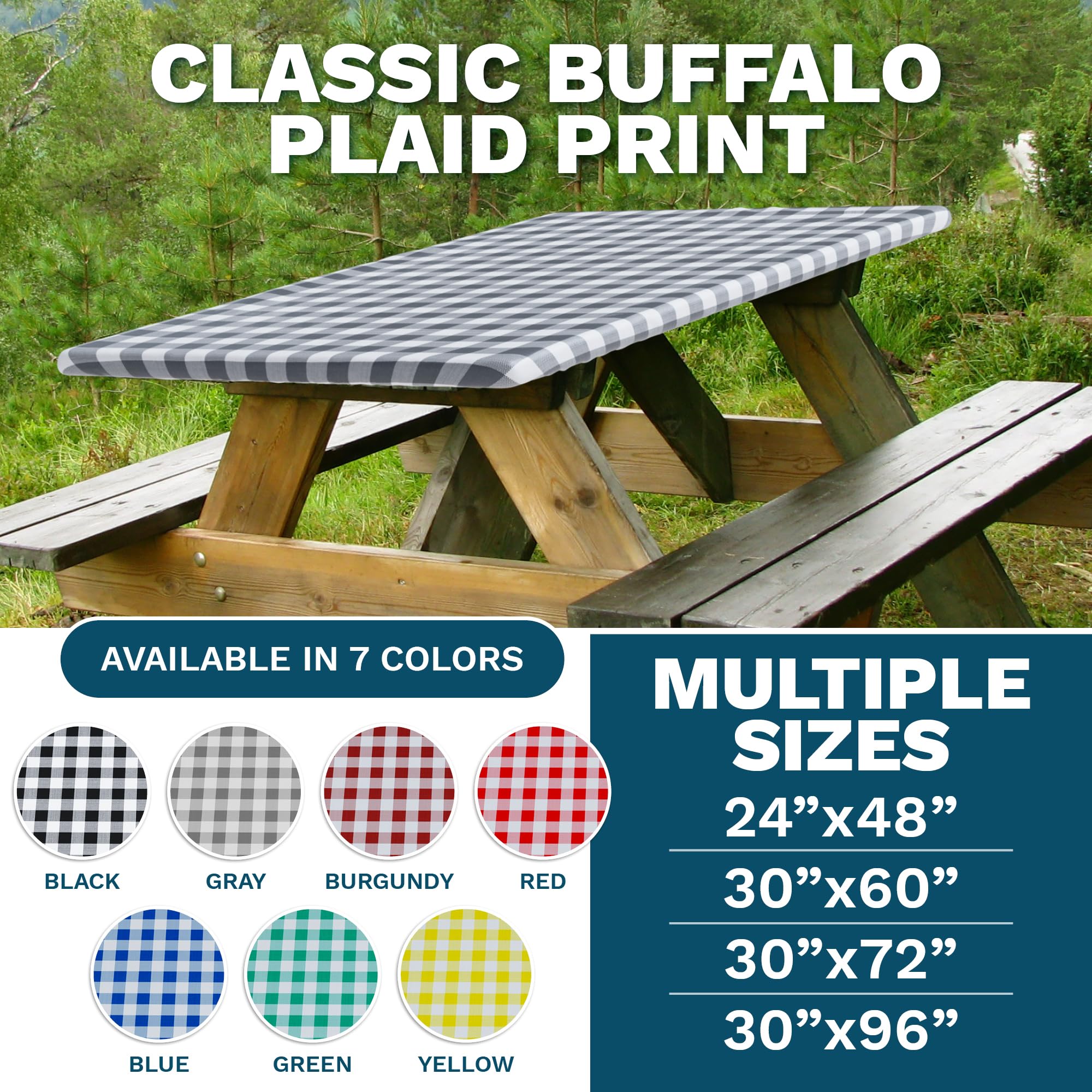 Sorfey Picnic Tablecover -Fitted with Elastic, Vinyl with Flannel Back, Fits for Table 48"x 24" Rectangle,Water Proof, Easy to Clean, Checked Green Design - Like New