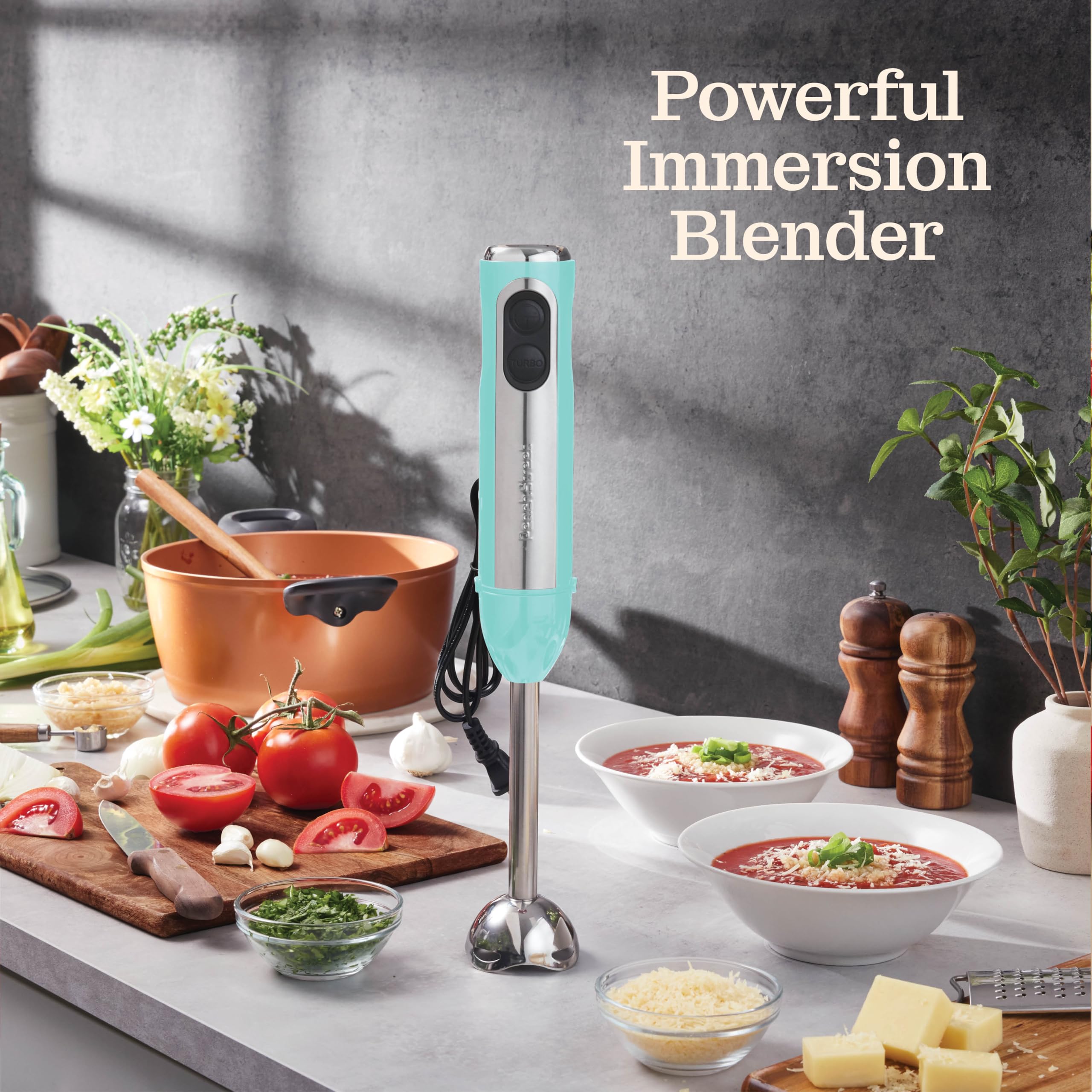 Powerful Immersion Blender, Electric Hand Blender 500 Watt with Turbo Mode, Detachable Base. Handheld Kitchen Blender Stick for Soup, Smoothie, Puree, Baby Food, 304 Stainless Steel Blades - Like New