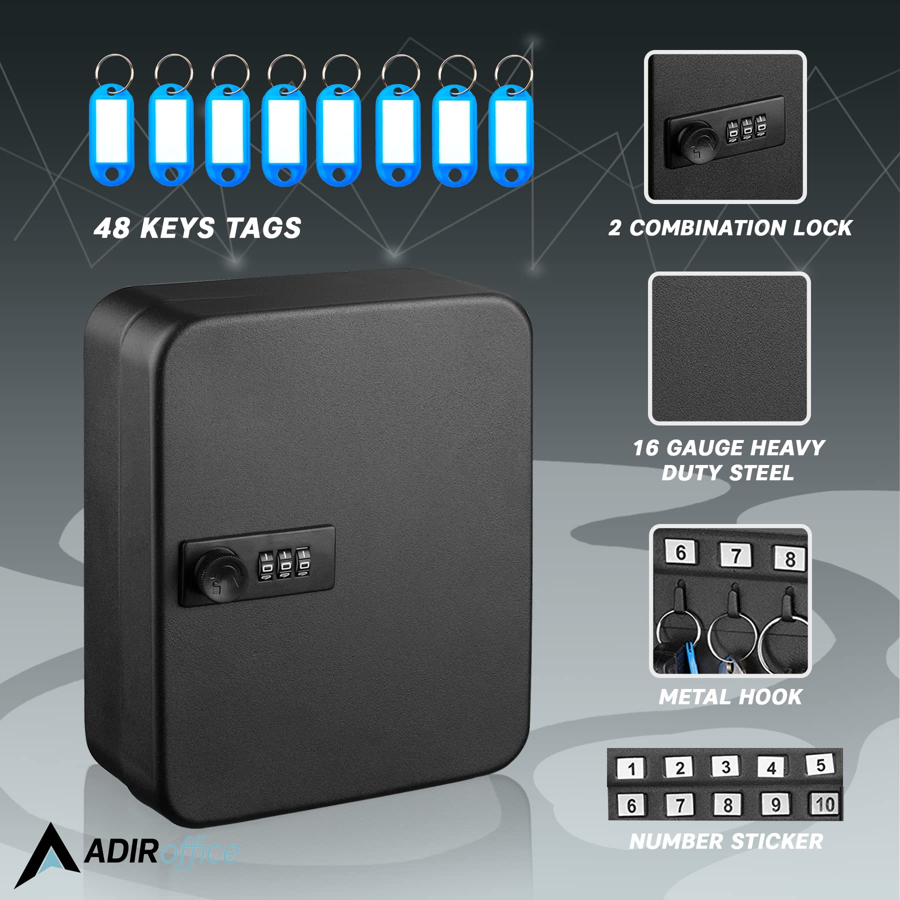 AdirOffice Secured 40 Key Cabinet with Combination Lock - Holds 40 Keys - Good
