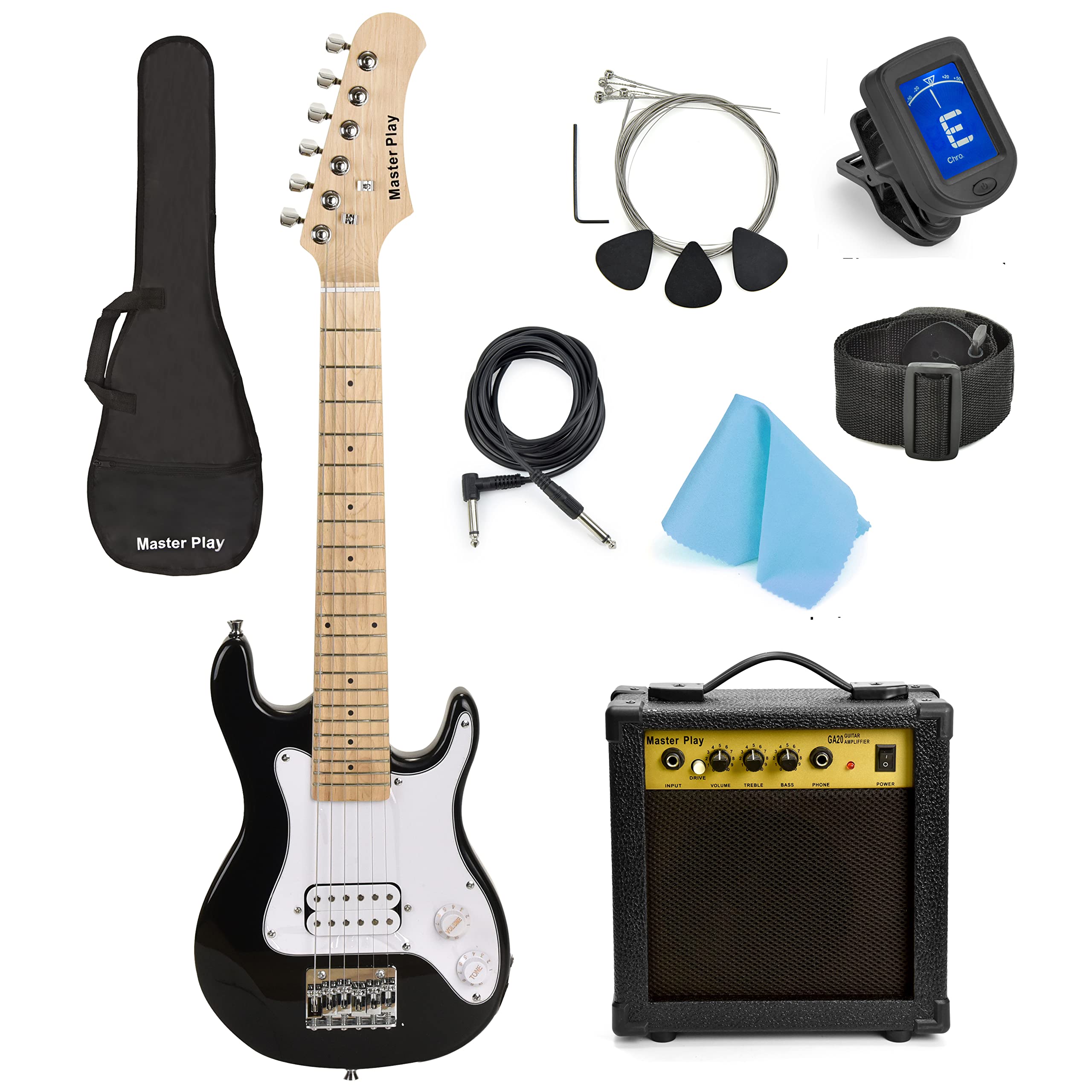 Master Play 30 Inch Electric Guitar,For Kids/beginner With Complete Starter Kit, 20 Watt Amp, 6 Extra String, Picks, Gig Bag, Shoulder Strap, Digital tuner, Cable, Wash Cloth - Very Good