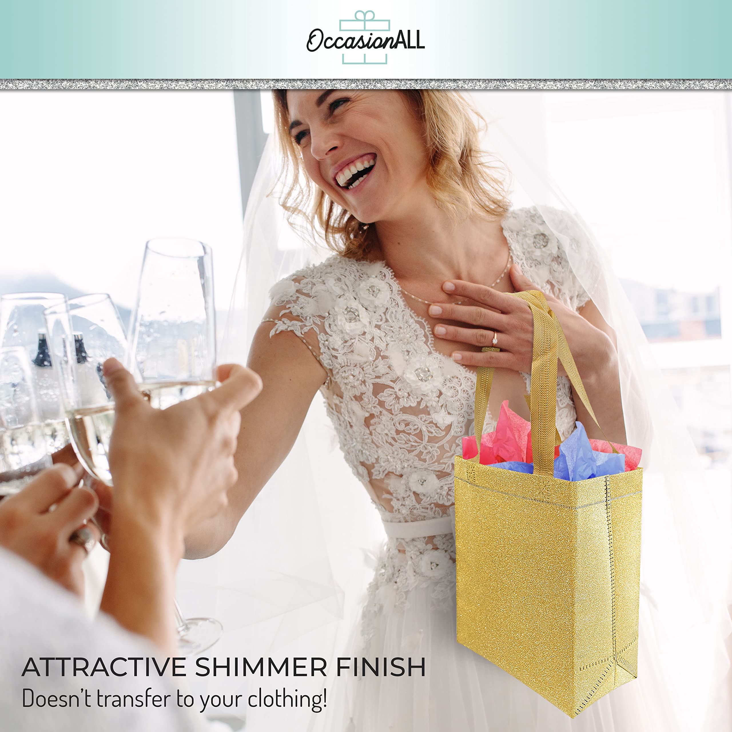 Gold Gift Bags - 12 Pack Small Reusable Gift Bag Tote with Handles, Holographic Glitter Design, Eco Friendly for Christmas & Holiday Gifts, Birthday, Wedding & Party Favors, in Bulk - 8x4x10 - Acceptable