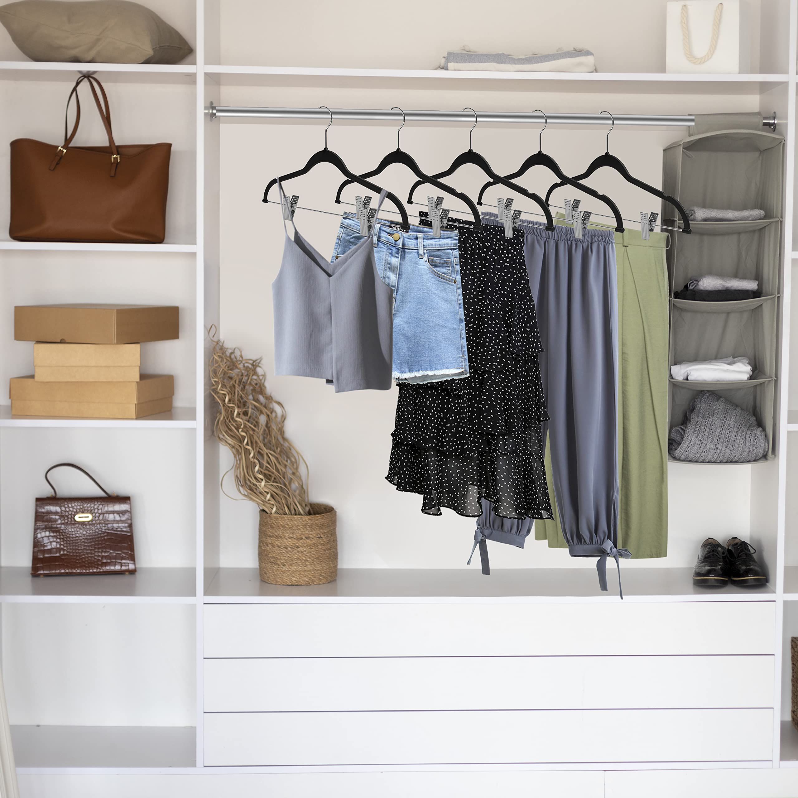 Quality Plastic Non Velvet Non-Flocked Thin Compact Coat Hangers with Metal Clips for Skirts Pants Blouses 360° Swivel Hook - Like New