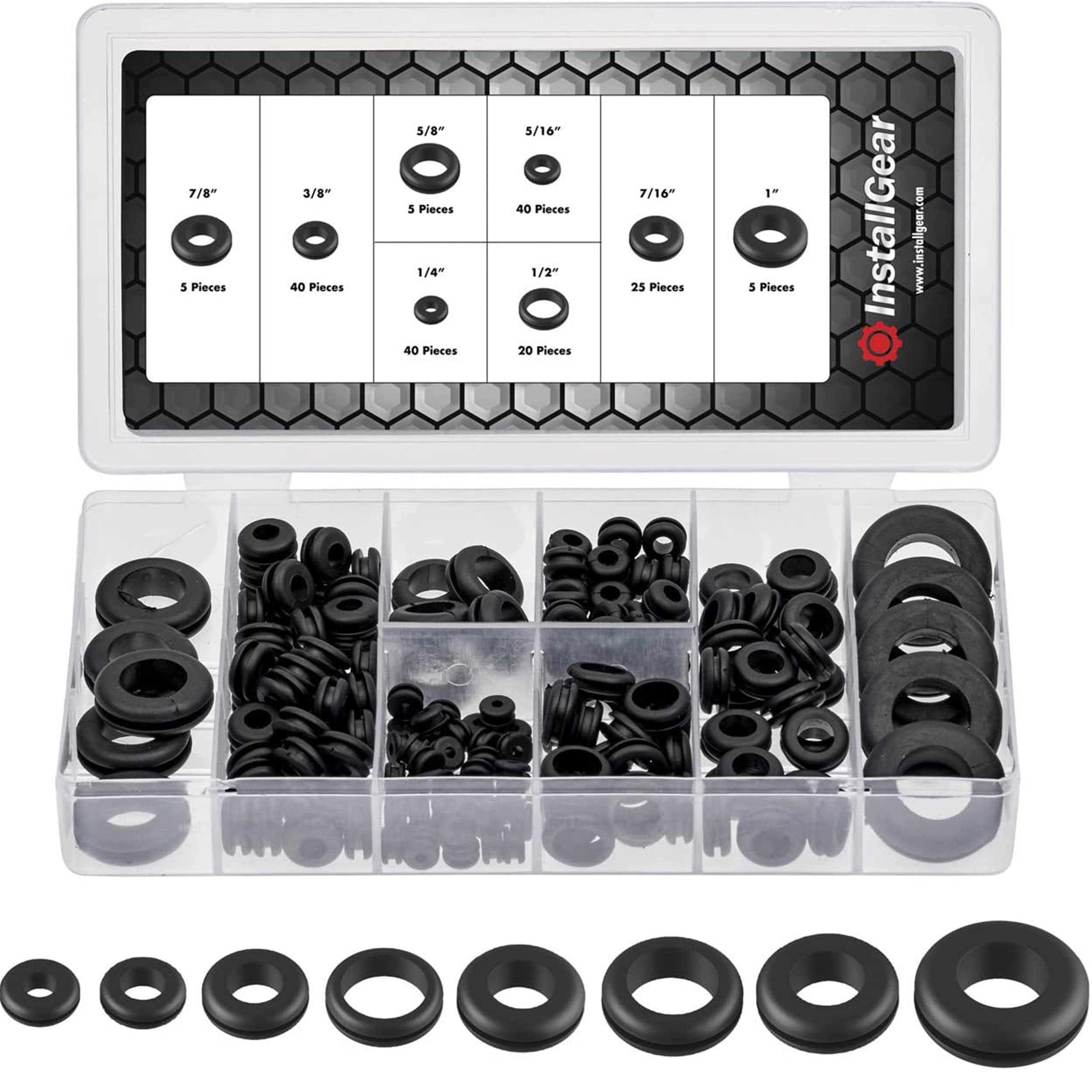 InstallGear 180pc Assorted Rubber Grommet Kit - 8 Sizes (1/4", 5/16", 3/8", 7/16", 1/2", 5/8", 7/8", 1") | Car Grommet Kit Assortment Rubber Wire Grommets for Wiring Automotive | Rubber Grommet Kits - Very Good