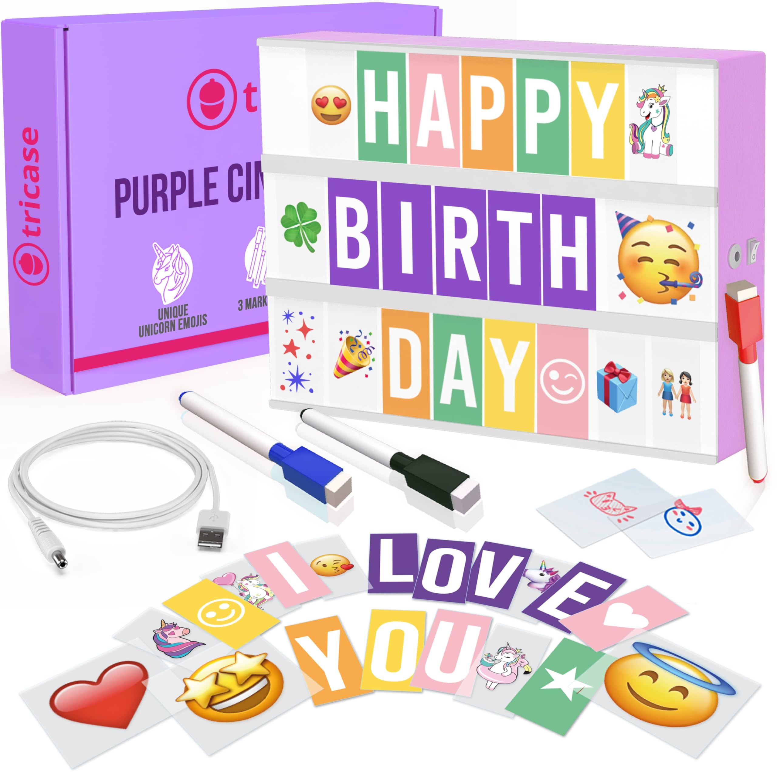 Purple Cinema Light Box with 312 Letters, Emojis & 3 Markers - Led Light Box sign for Home & Purple Bedroom Decor for Girls - Light Up Letter Board - Best Gift Idea for Girls on Christmas or Birthday - Like New