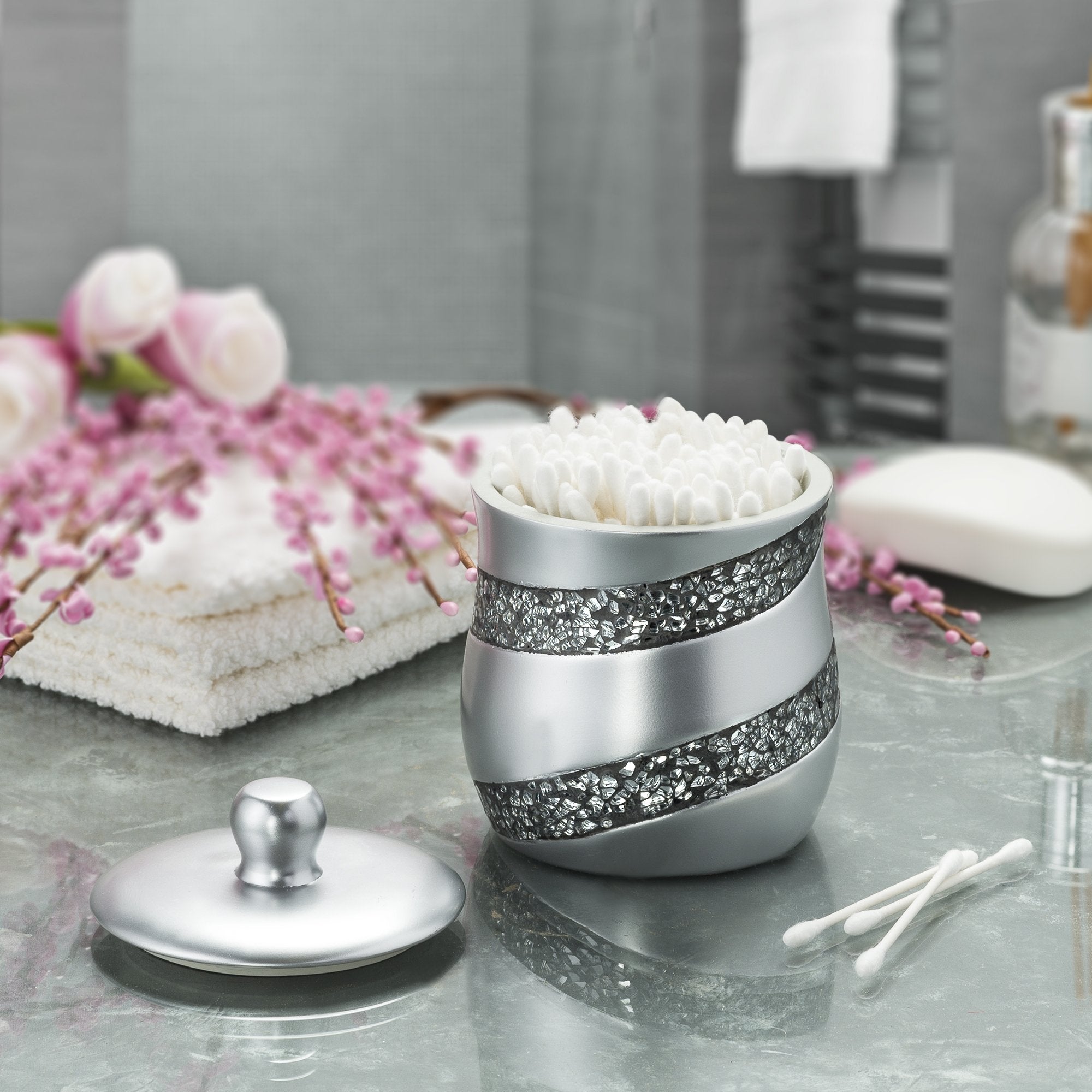 Creative Scents Silver Mosaic Qtip Holder - Decorative Cotton Ball Jar - Durable Resin cotton Swab dispenser - Beautiful Bathroom Vanity storage Accessories - Like New
