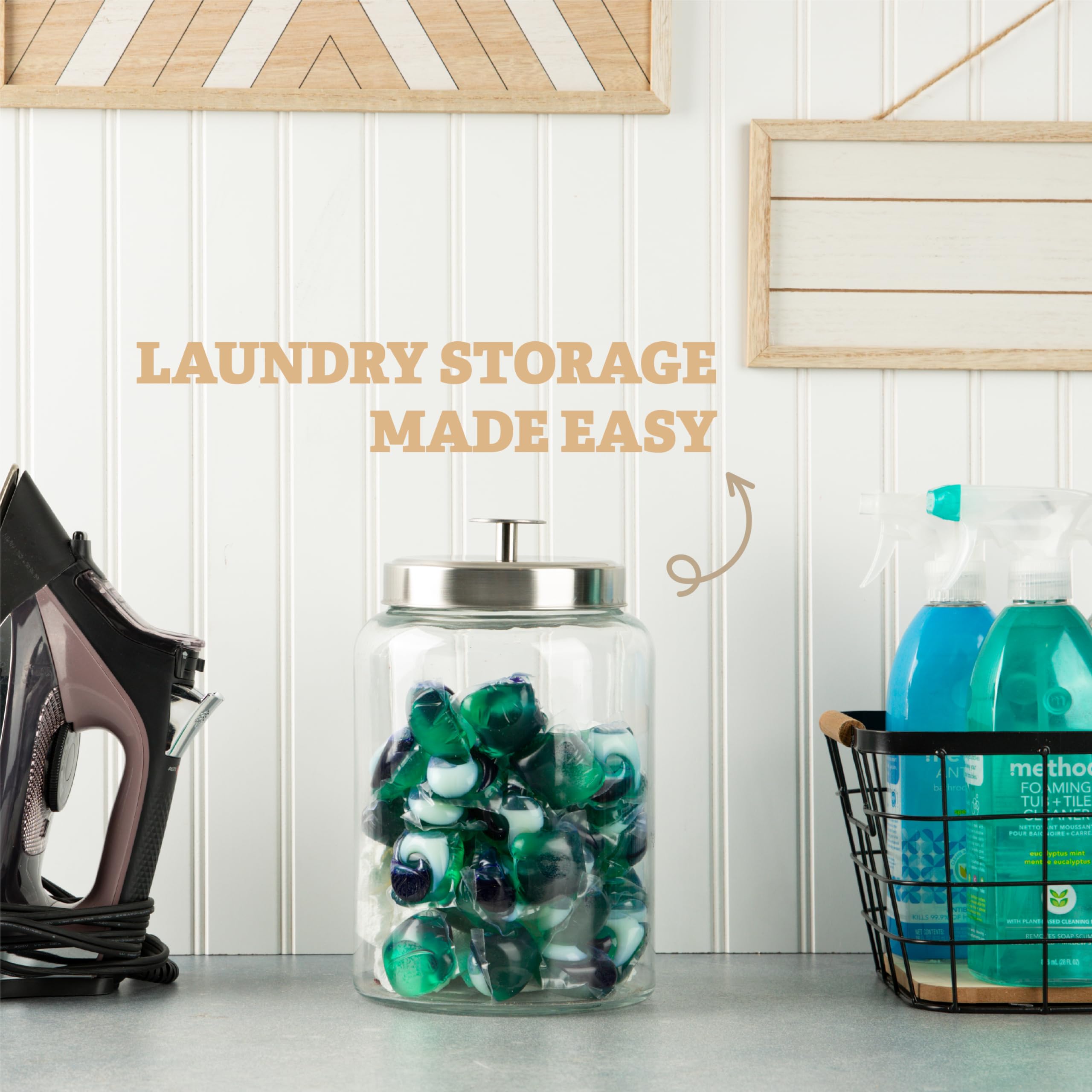 Gallon Glass Jar for Laundry Room Organization- Kitchentoolz Containers for Kitchen and Laundry Detrgent Pods and Powder- Stainless Steel Airtight Lid - Like New