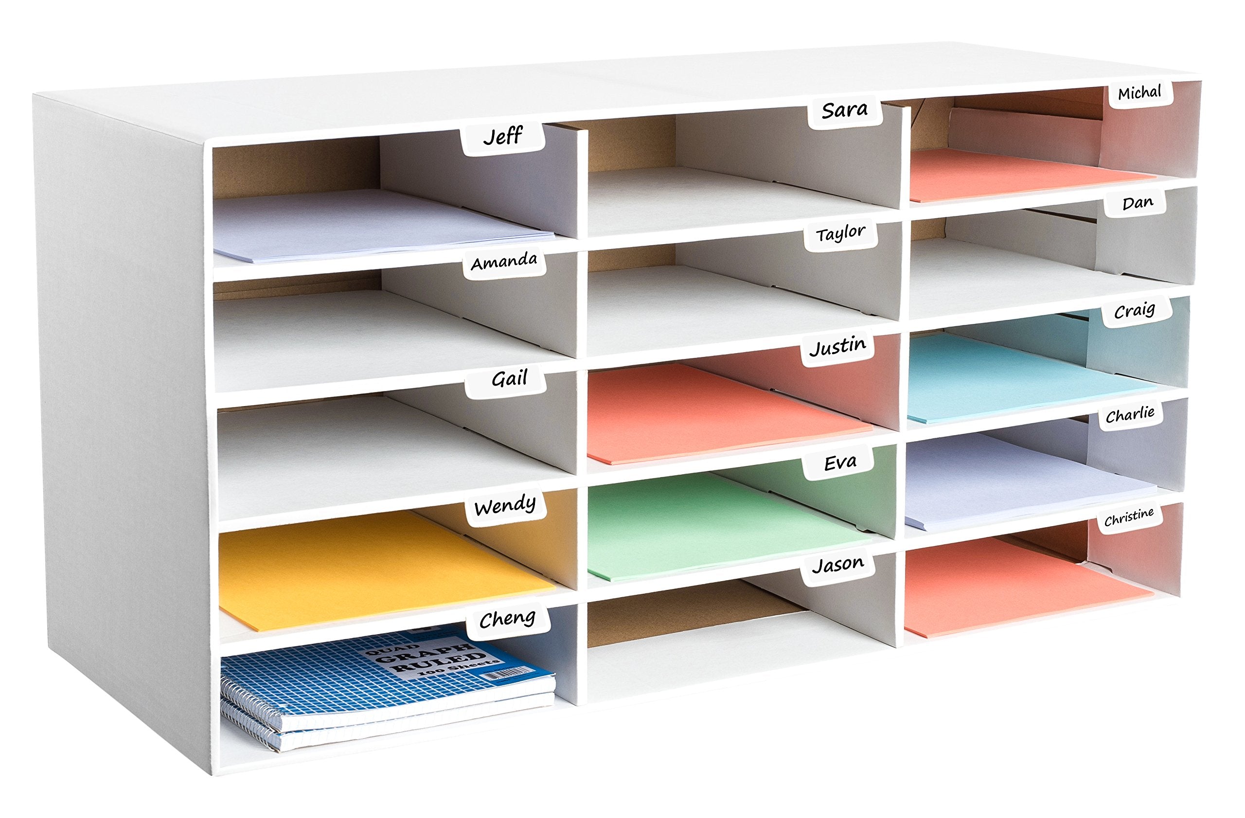 AdirOffice Cardboard Paper Organizer - Classroom Mailbox, Literature Organizers, Office Sorter Mailboxes, Construction Papers Storage with Slots, Compartment Shelf Holder (15 Slot, White) - Very Good