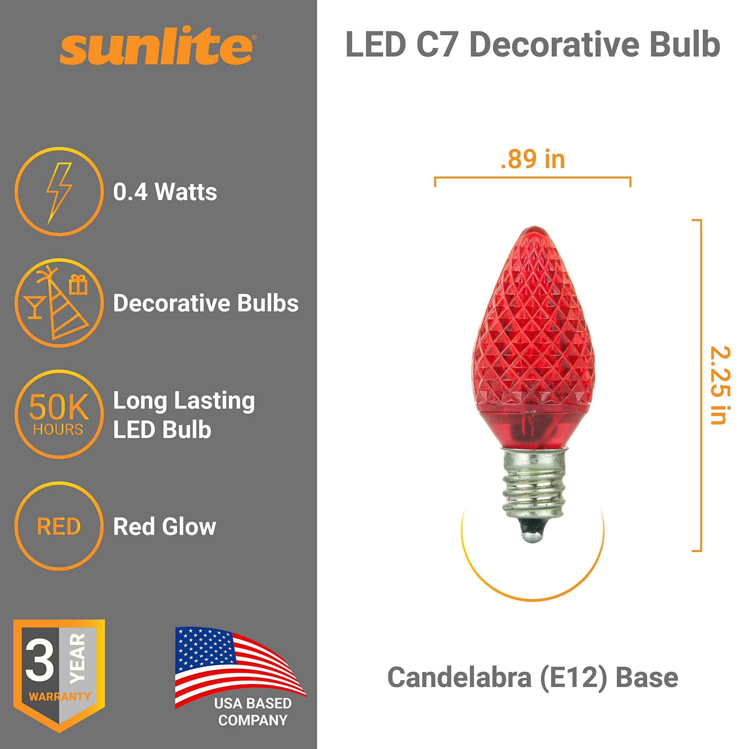 Sunlite 80700-SU C7/3LED/0.4W/C/B/6PK LED Candelabra Based C7 Lamp, Blue, 6-Pack - Like New