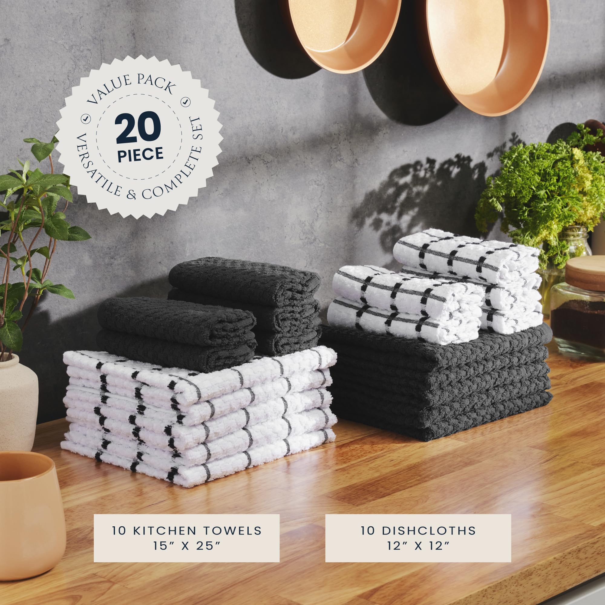 20-Piece Kitchen Towels And Dishcloths Sets - 100% Cotton Terry Dish Towels For Kitchen - Absorbent & Quick Drying Hand Towels- Super Soft & Scretch Free - 10 Towels 15"x25" + 10 Dish Cloths 12"x12" - Like New