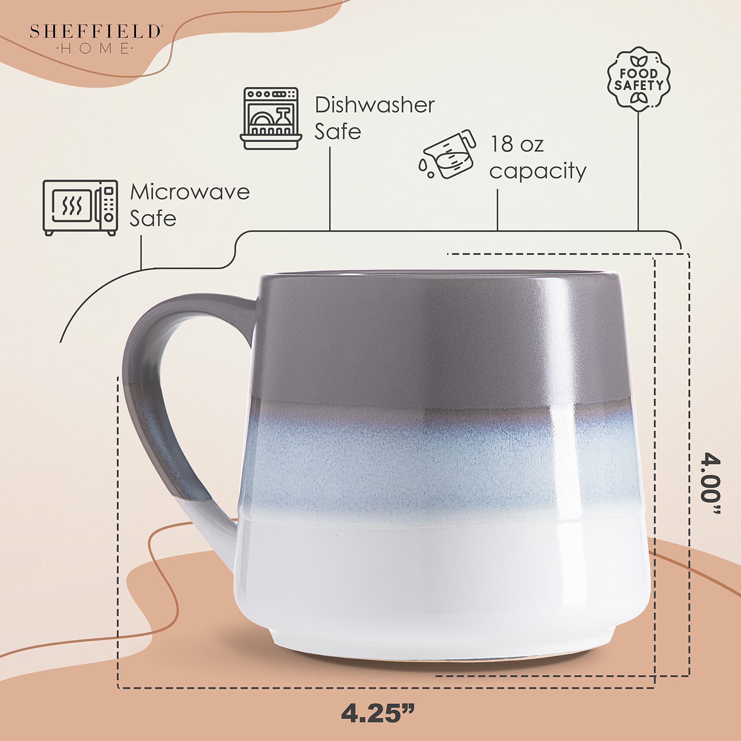 Heartland Hive Set of 4 Stoneware Coffee Mugs- Ombre Printed Bright & Colorful Coffee Cups, Mugs for Tea, Latte, and Hot Chocolate, 20 oz (Blue and Grey) - Like New