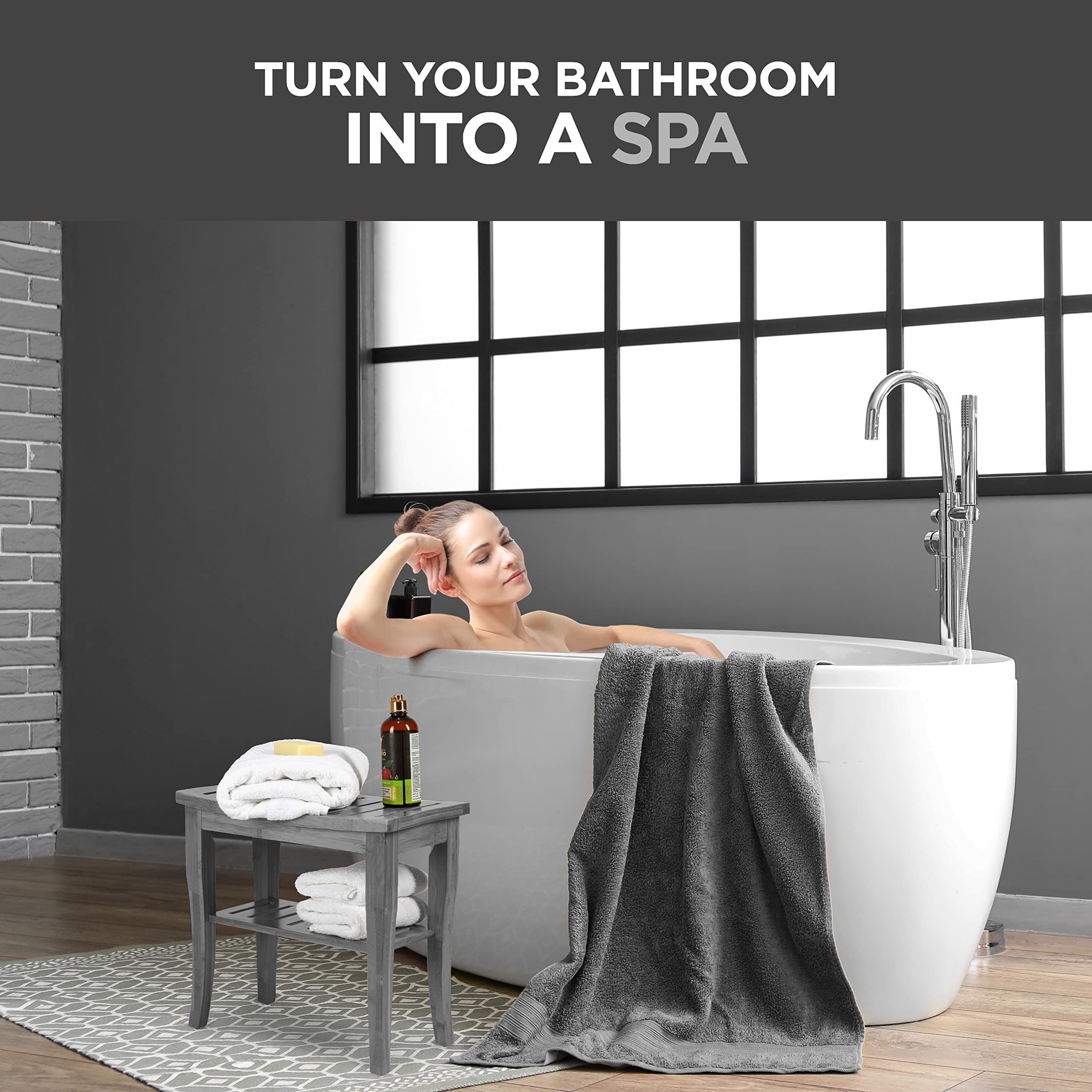 Bamboo Shower Bench Spa Stool - Wood 2-Tier Seat, Foot Rest Shaving Stool with Non-Slip Feet + Storage Shelf - Seat or Organizer for Bathroom, Living Room, Bedroom and Garden D�cor (Grey) - Like New