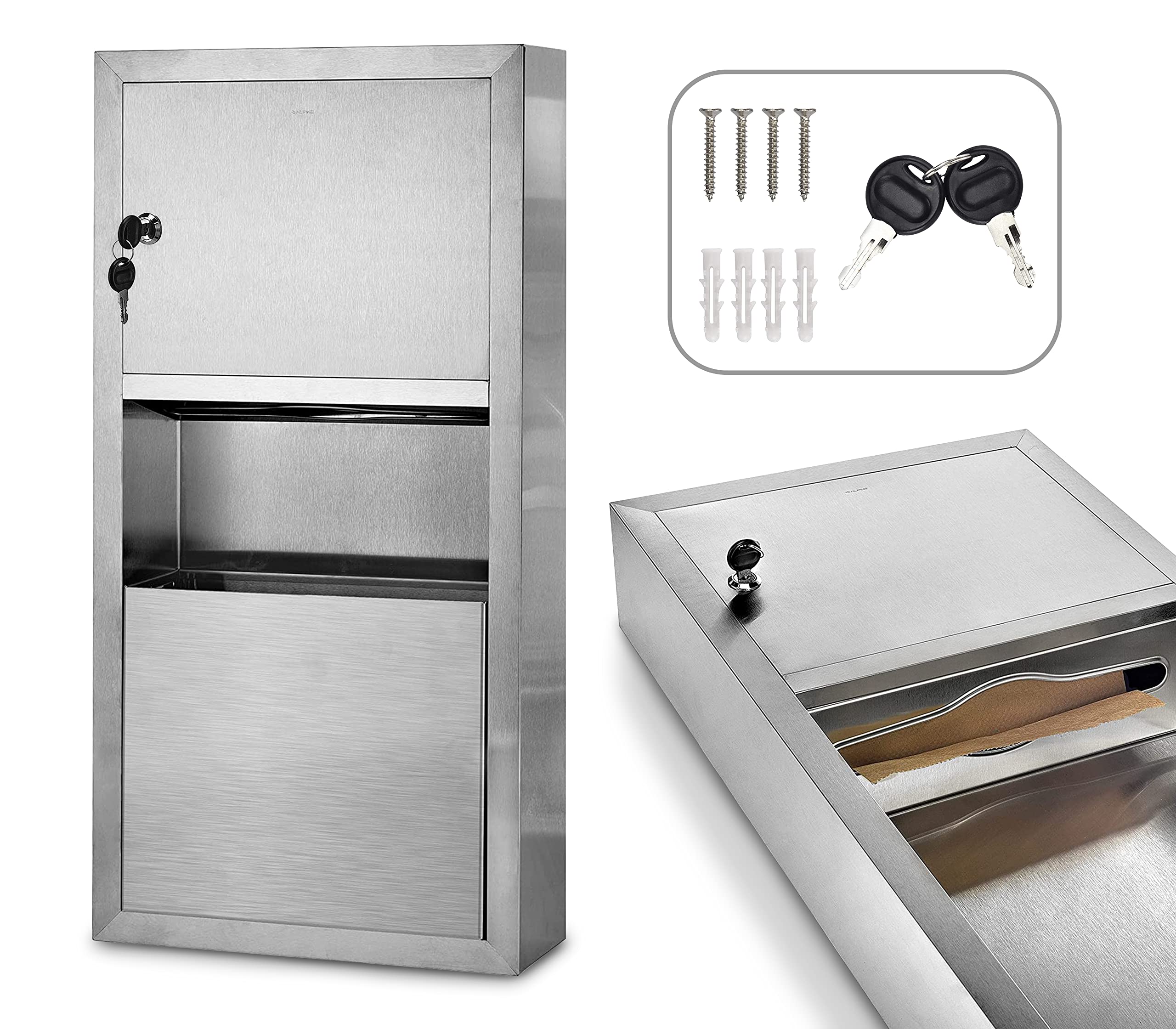 Alpine Commercial Paper Towel Dispenser and Waste Receptacle - 350 C-Fold or 475 Multifold Paper Towels (2 Gallon Capacity Trash Bin) Variation - Very Good