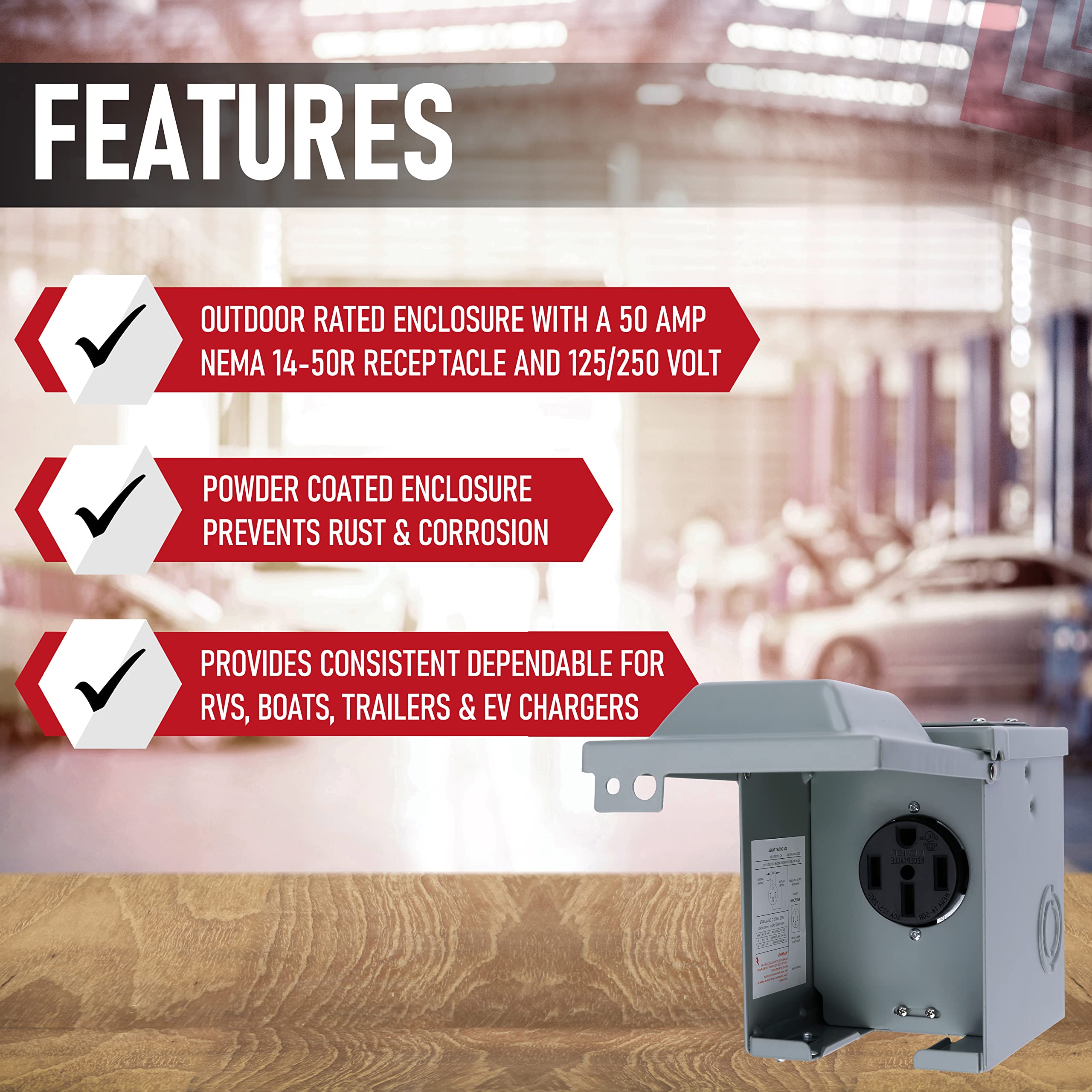 50 Amp 125/250 Volt Power Outlet Box, Enclosed Lockable - for RV, Campers, Motorhome, Travel Trailer, Electric Cars, Generator - 3R Weatherproof Outdoor - NEMA 14-50R Receptacle Panel - Very Good