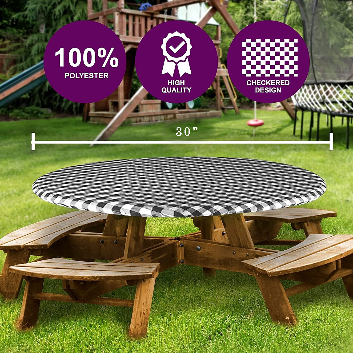 Sorfey Round Tablecloth -Fitted with Elastic, Vinyl with Flannel Back, Fits for Table 60 Inches Round,Water Proof, Easy to Clean, Checked Yellow Design - Like New