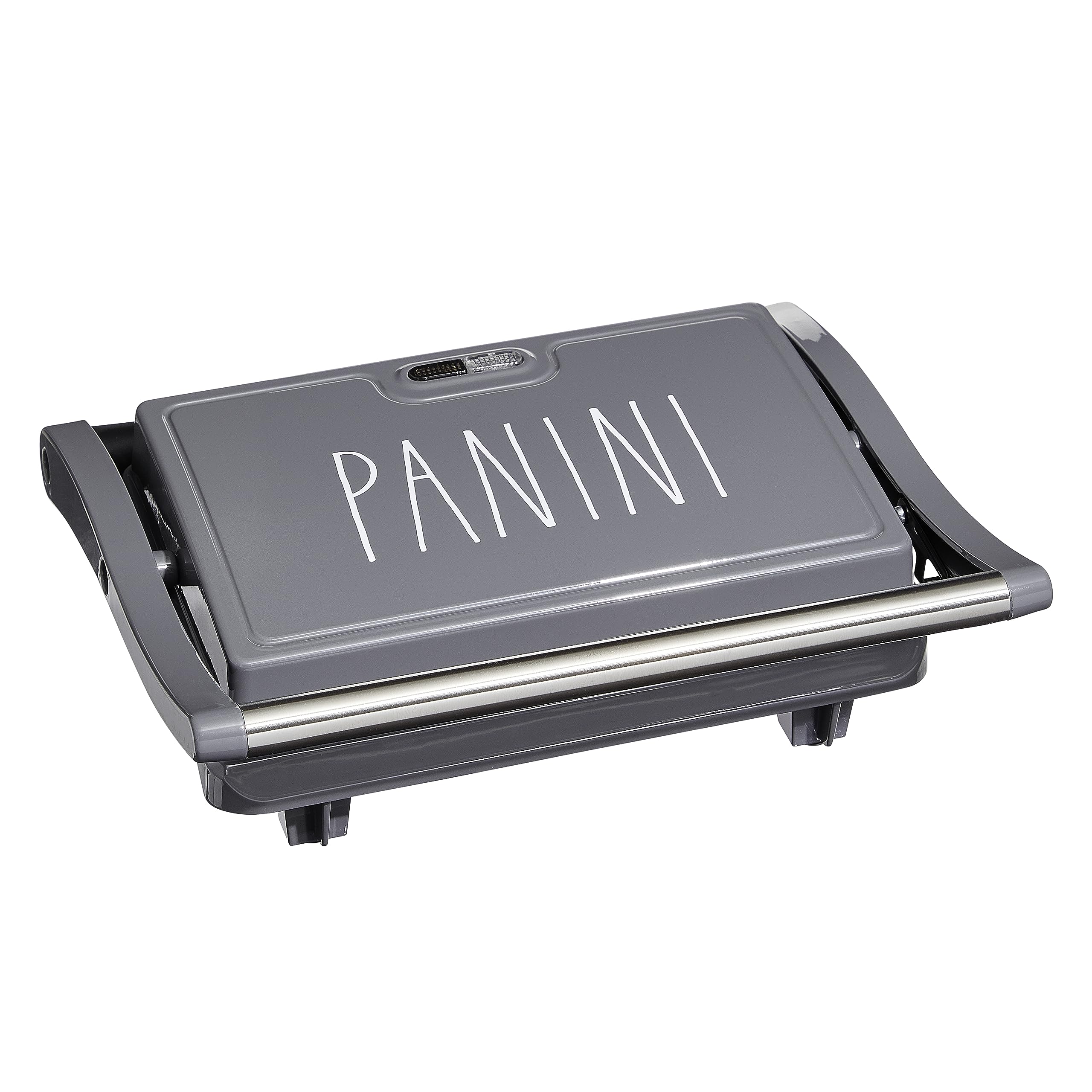 Rae Dunn Panini Maker - 750 Watt 2-Slice Press Grill with Indicator Lights | Opens 180 Degrees | Double Sided Heating | Non-stick Cooking | Cool Touch Handle | Easy to Clean, Grey - Very Good