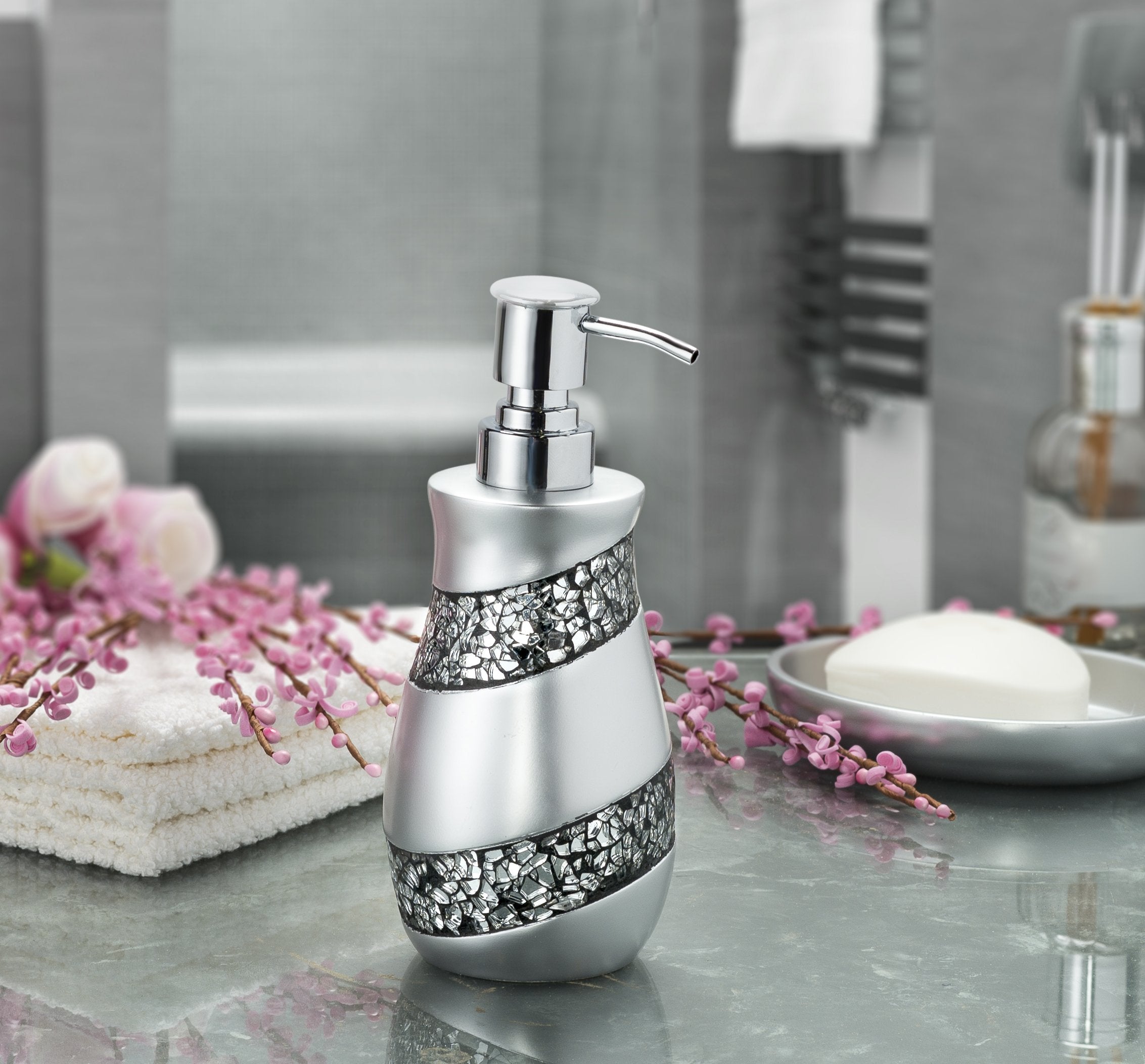 Creative Scents Silver Mosaic Liquid Soap Dispenser for Bathroom - Decorative Lotion Dispenser - Bling Countertop Soap Dispenser for Liquid Soap and Lotion with Durable Metal Pump (Silver-Gray) - Like New