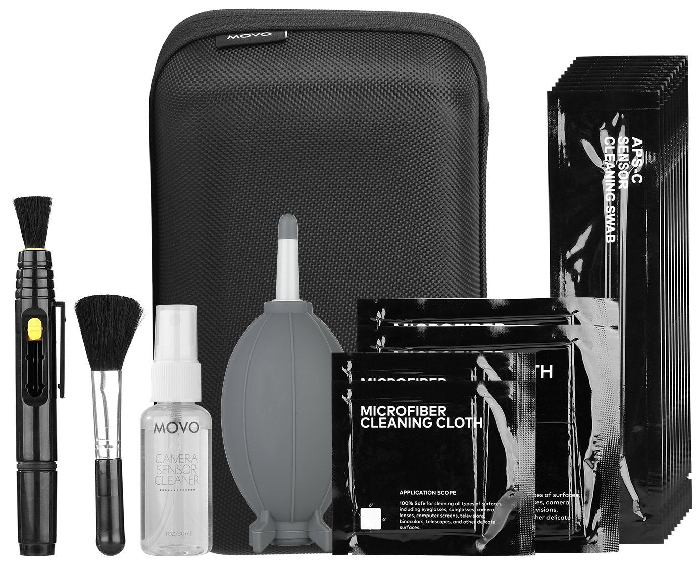 Movo Deluxe Essentials DSLR Camera Cleaning Kit with 10 APS-C Cleaning Swabs, Sensor Cleaning Fluid, Rocket Air Blower, Lens Pen, Soft Brush, 2X Small and 2X Large Microfiber Cloths and Carrying Case - Acceptable